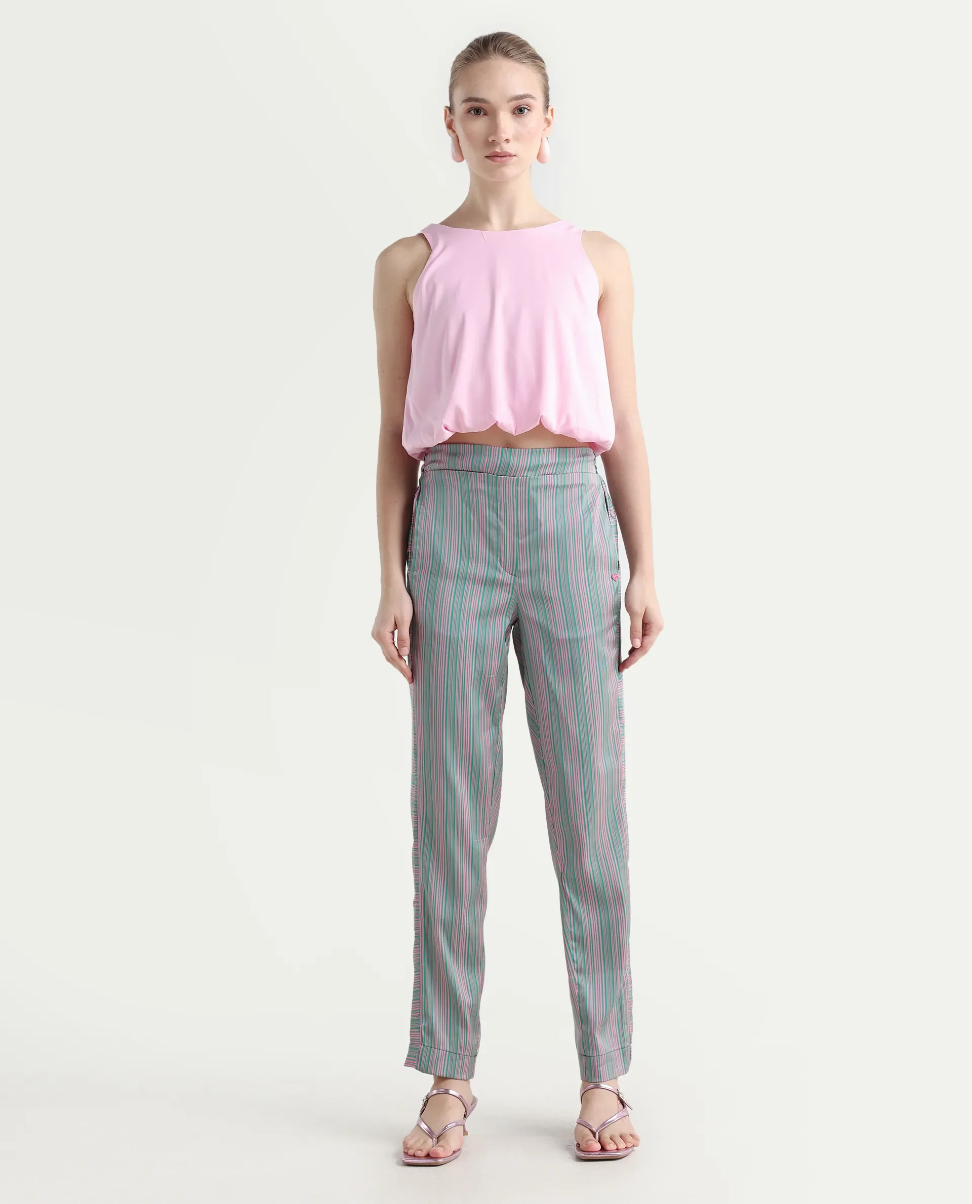Rareism Women's Zoe Pink Polyester Striped Ankle Length Tailored Trouser - Image 2