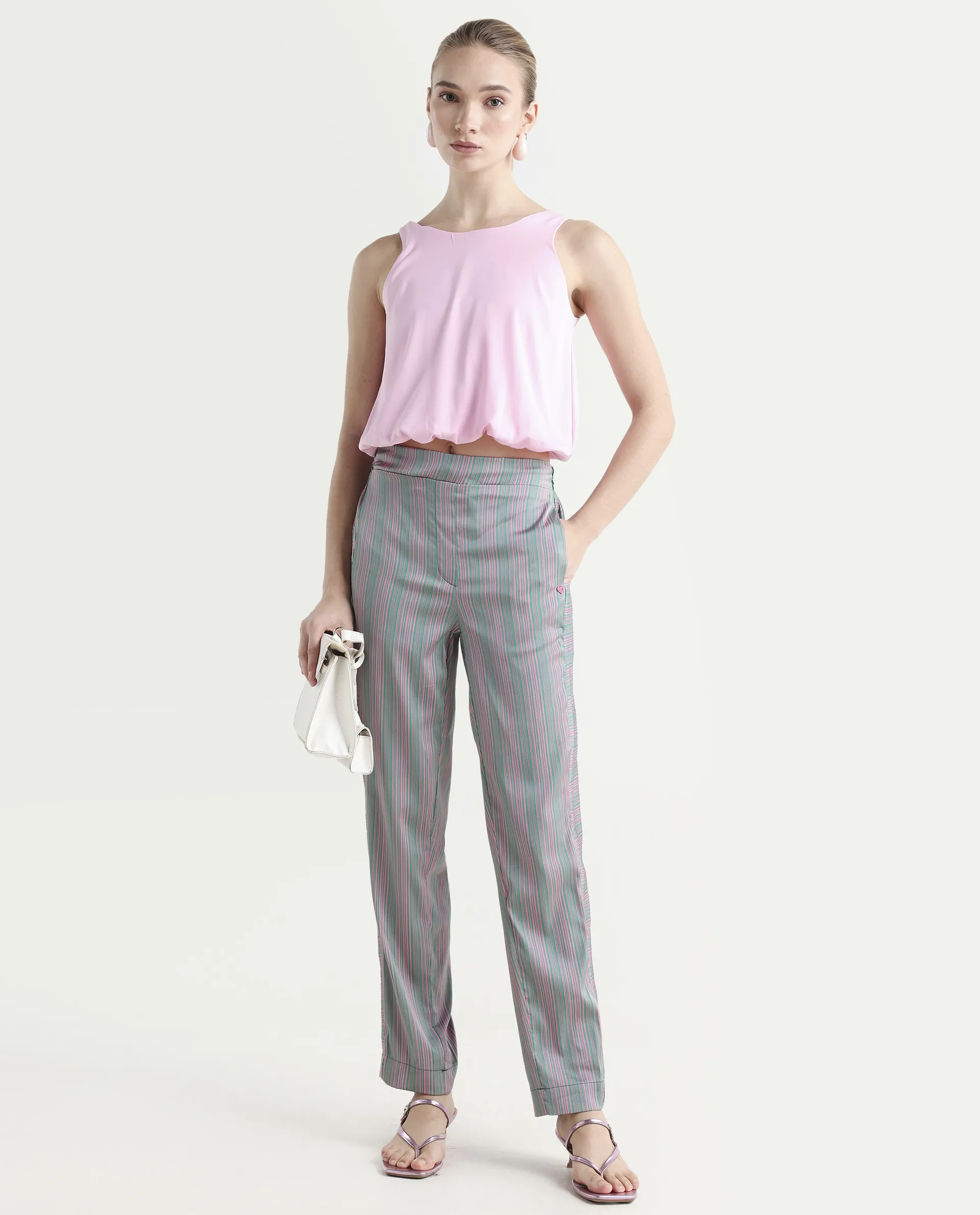 Rareism Women's Zoe Pink Polyester Striped Ankle Length Tailored Trouser - Image 3