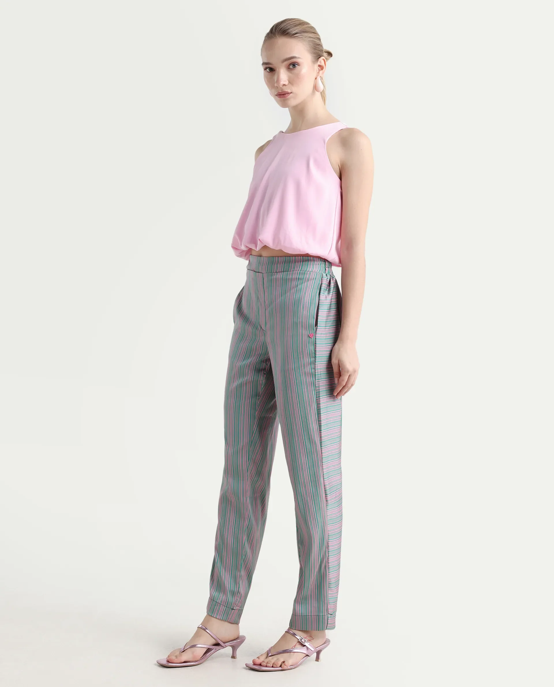 Rareism Women's Zoe Pink Polyester Striped Ankle Length Tailored Trouser - Image 5