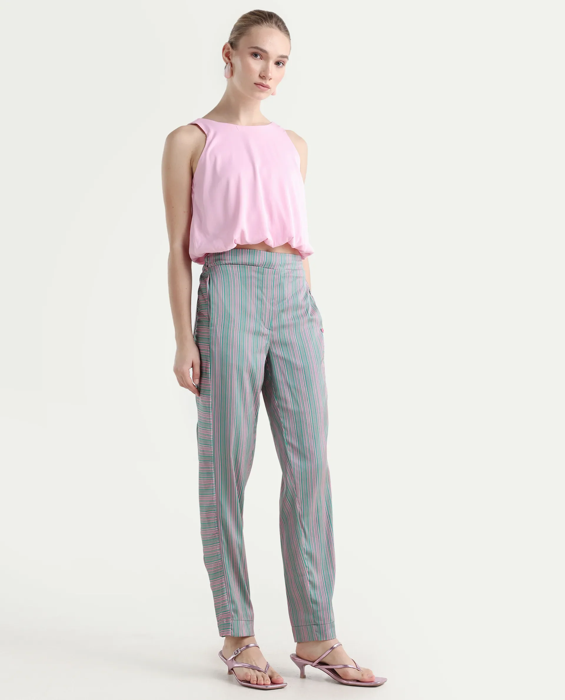 Rareism Women's Zoe Pink Polyester Striped Ankle Length Tailored Trouser - Image 6