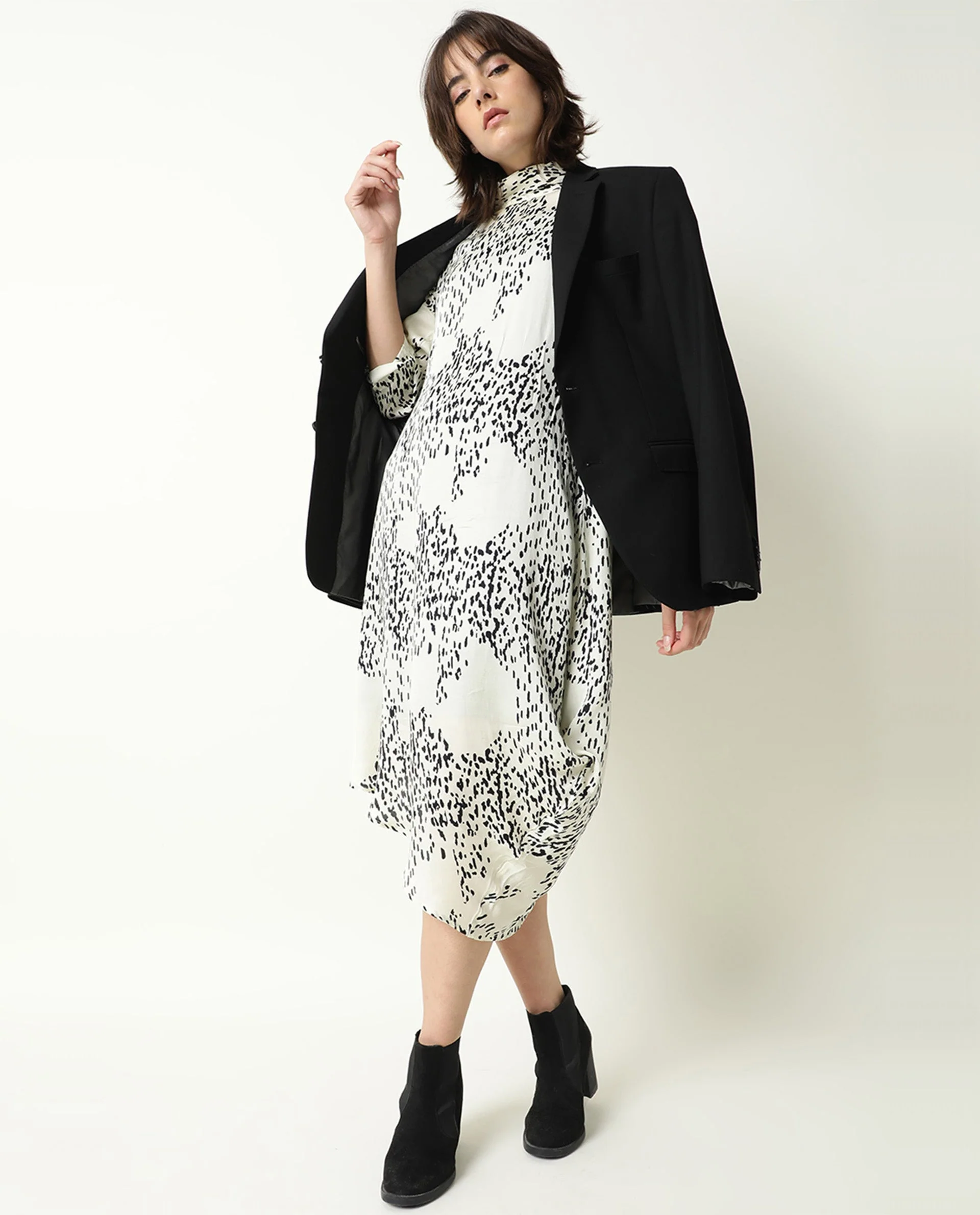 Rareism Women's Zoella Offwhite Viscose High Neck Abstract Print Cuffed Sleeve Midi Flared Dress - Image 7