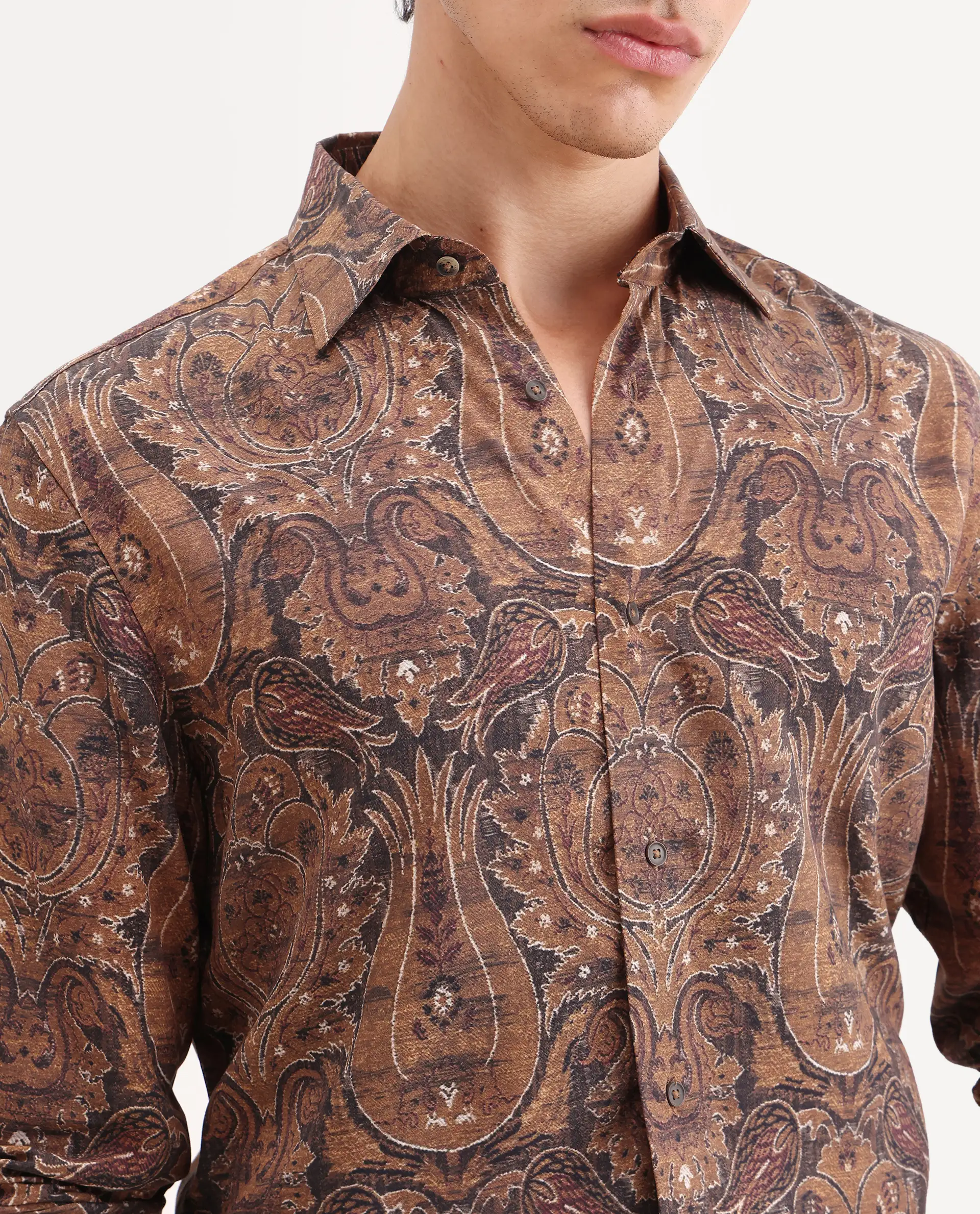 Rare Rabbit Men's Zoie Dusky Mustard Viscose Fabric Full Sleeve Spread Collar Regular Fit Paisley Print Shirt - Image 3