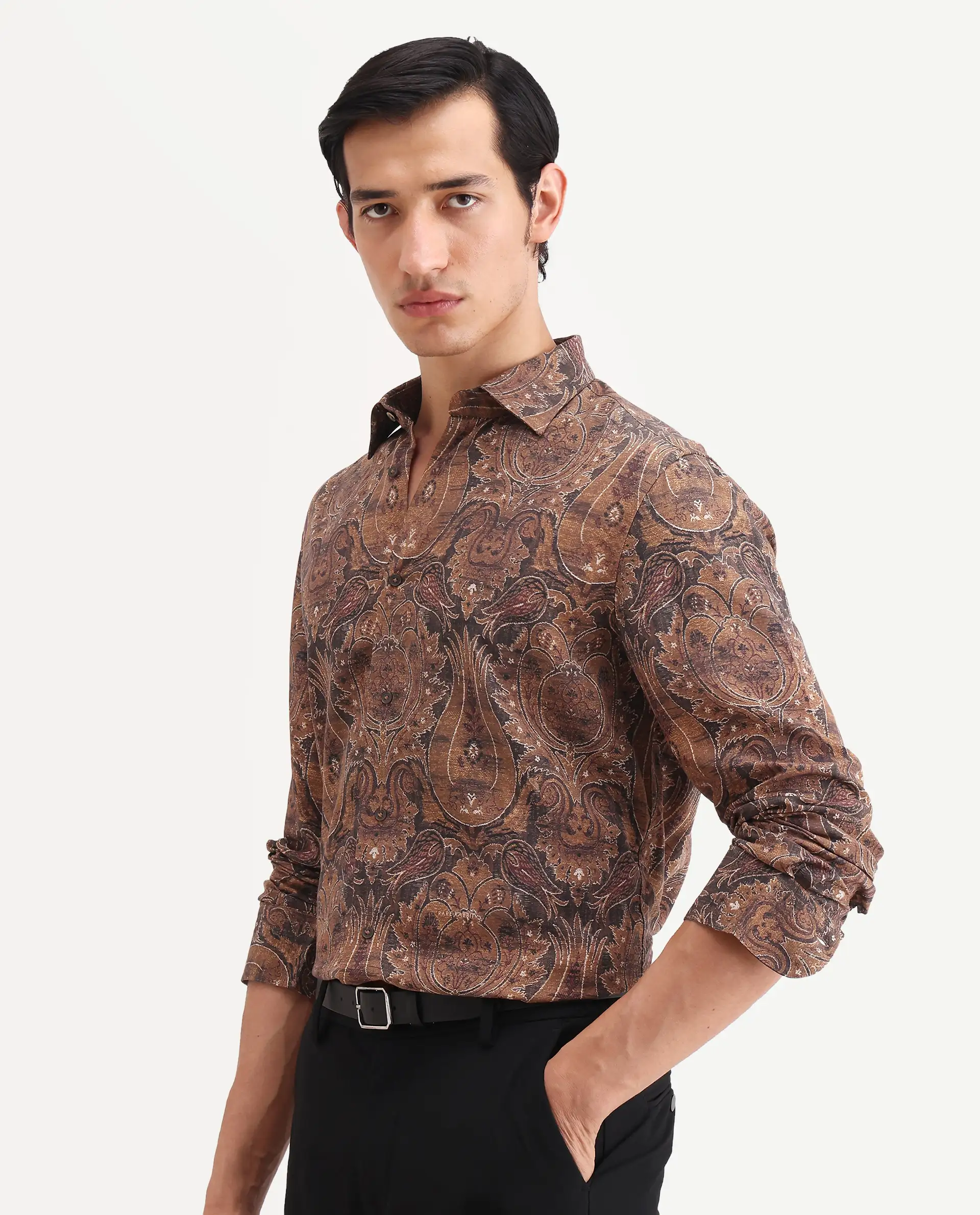Rare Rabbit Men's Zoie Dusky Mustard Viscose Fabric Full Sleeve Spread Collar Regular Fit Paisley Print Shirt - Image 4