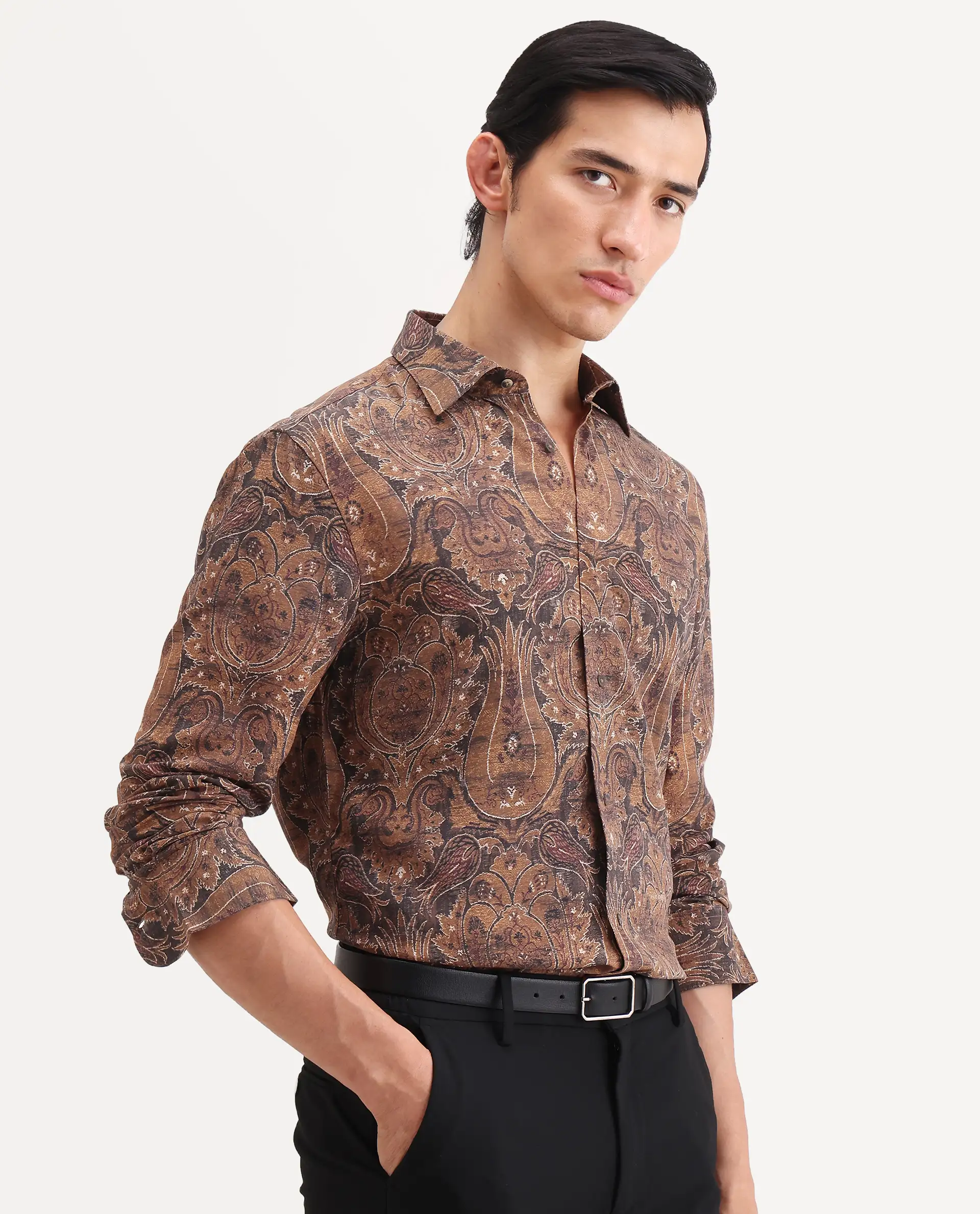 Rare Rabbit Men's Zoie Dusky Mustard Viscose Fabric Full Sleeve Spread Collar Regular Fit Paisley Print Shirt - Image 5