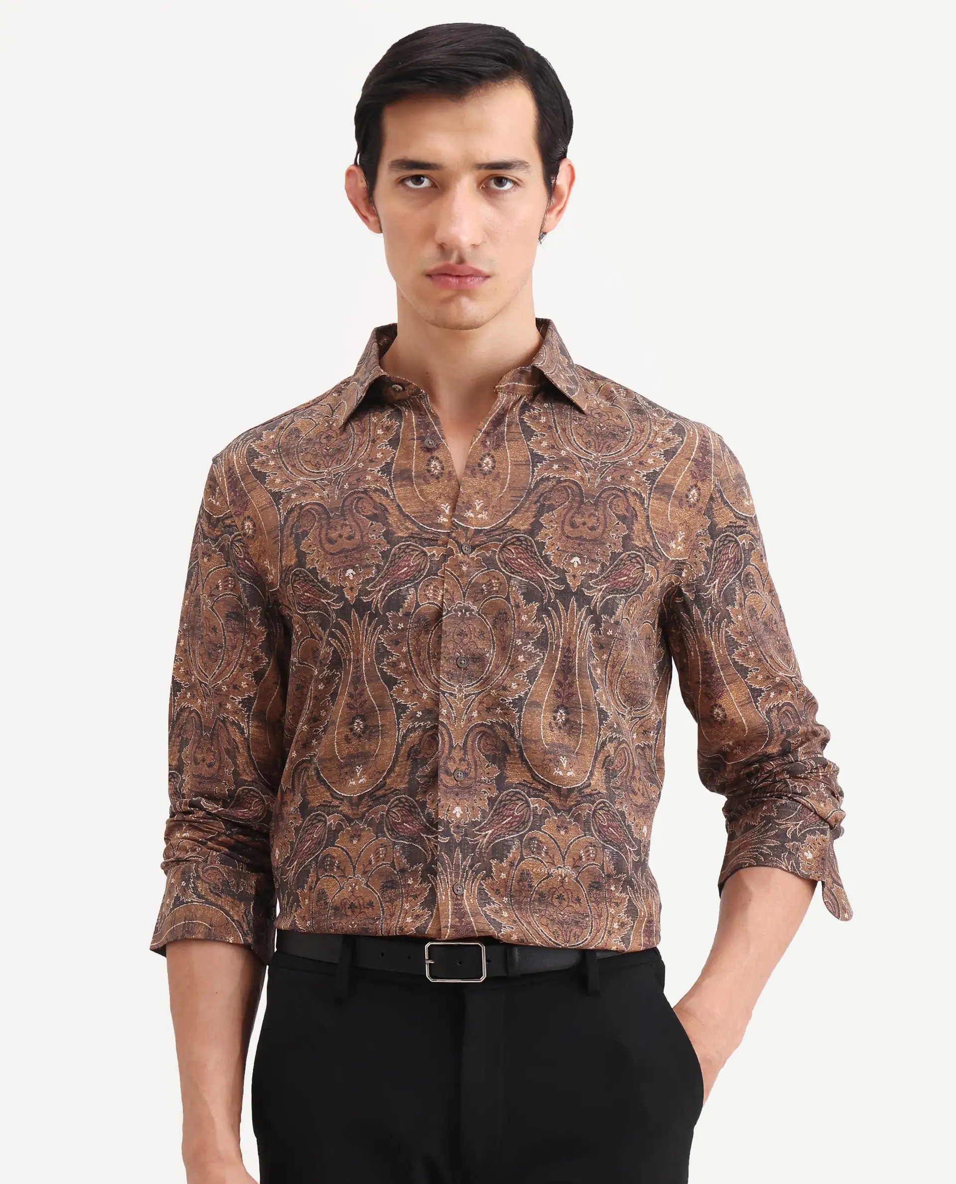 Rare Rabbit Men's Zoie Dusky Mustard Viscose Fabric Full Sleeve Spread Collar Regular Fit Paisley Print Shirt - Image 6
