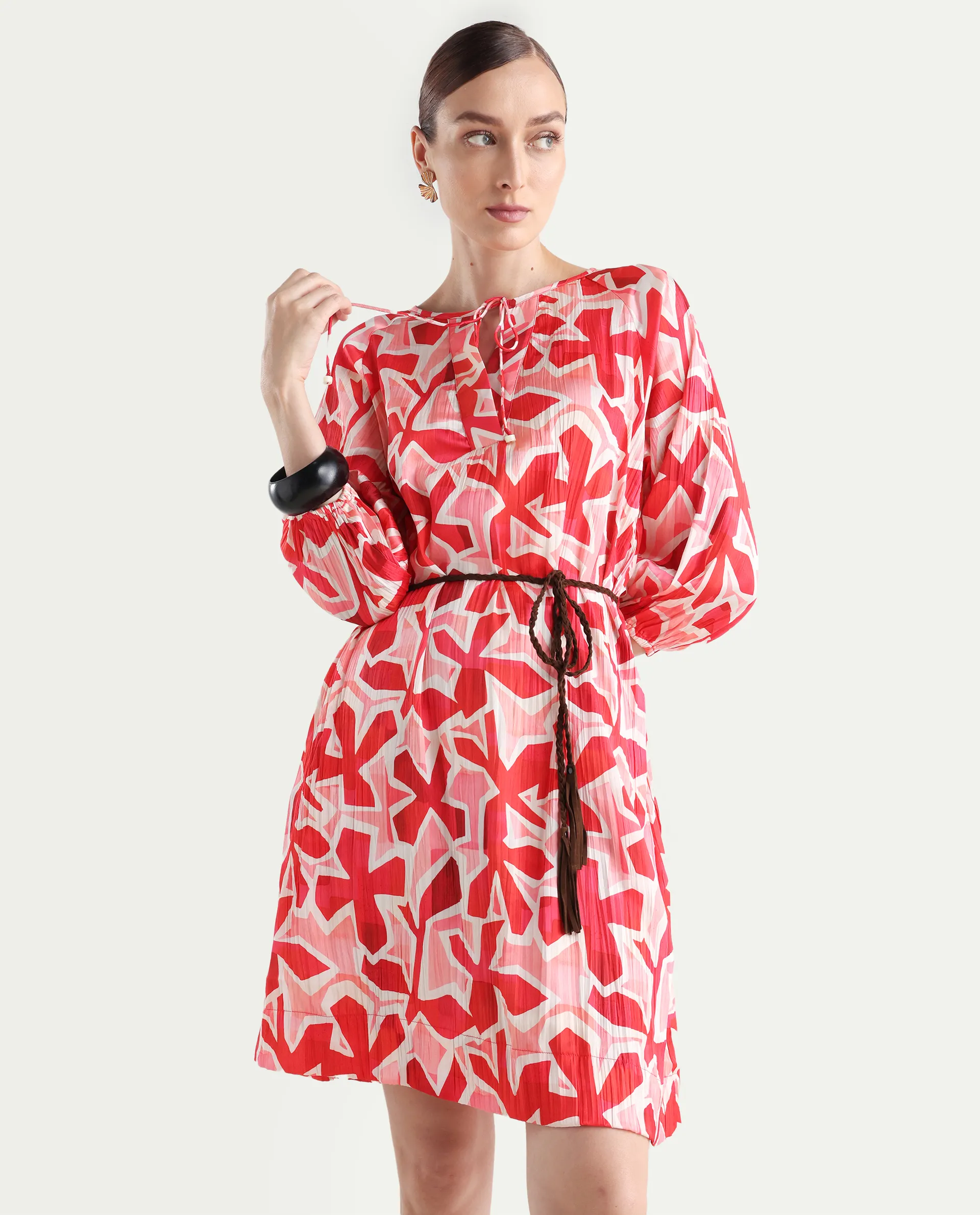 Rareism Women's Zoji Multi Polyester Tie-Up Neck Abstract Print Raglan Sleeve Mini Relaxed Fit Dress - Image 2
