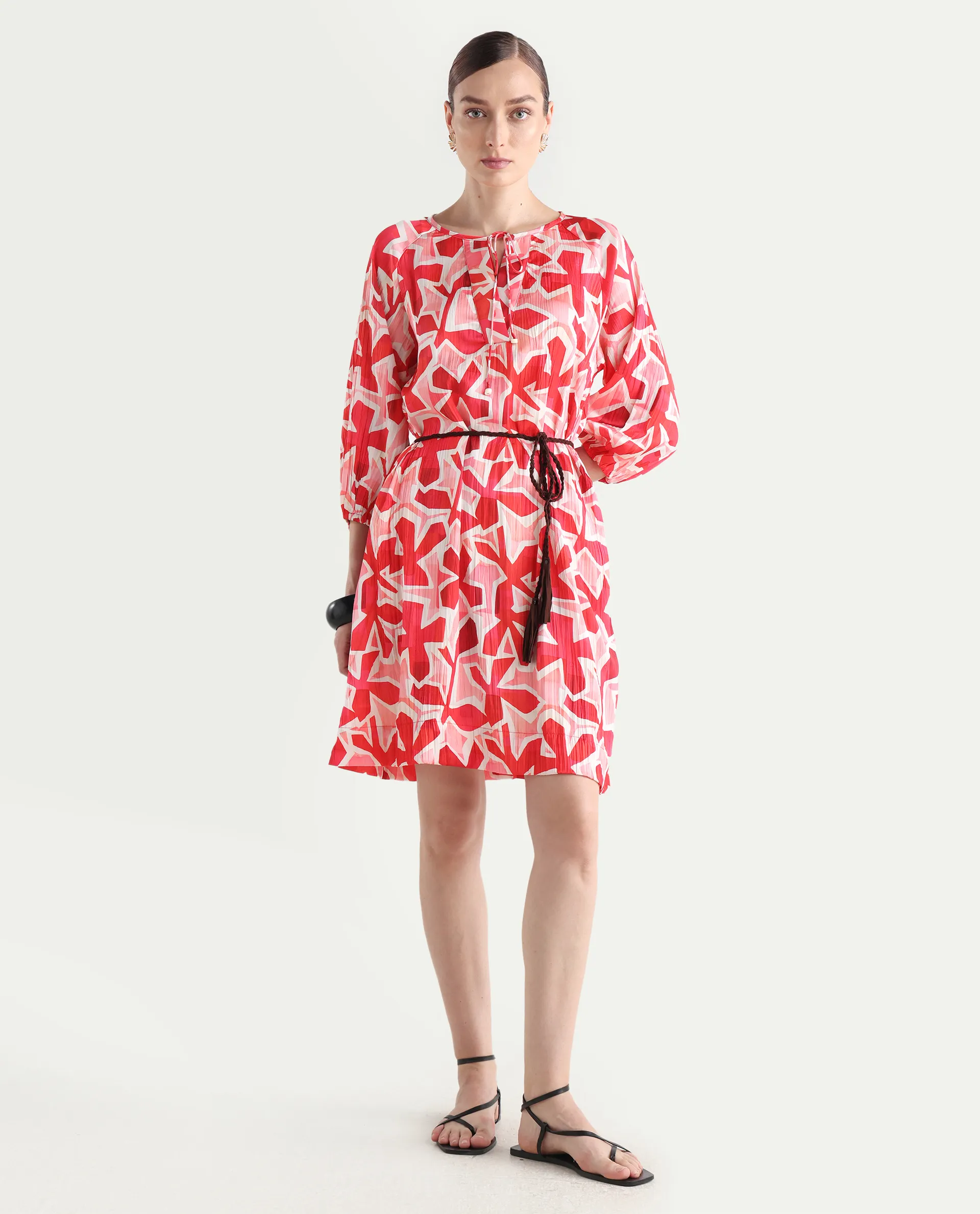 Rareism Women's Zoji Multi Polyester Tie-Up Neck Abstract Print Raglan Sleeve Mini Relaxed Fit Dress - Image 3