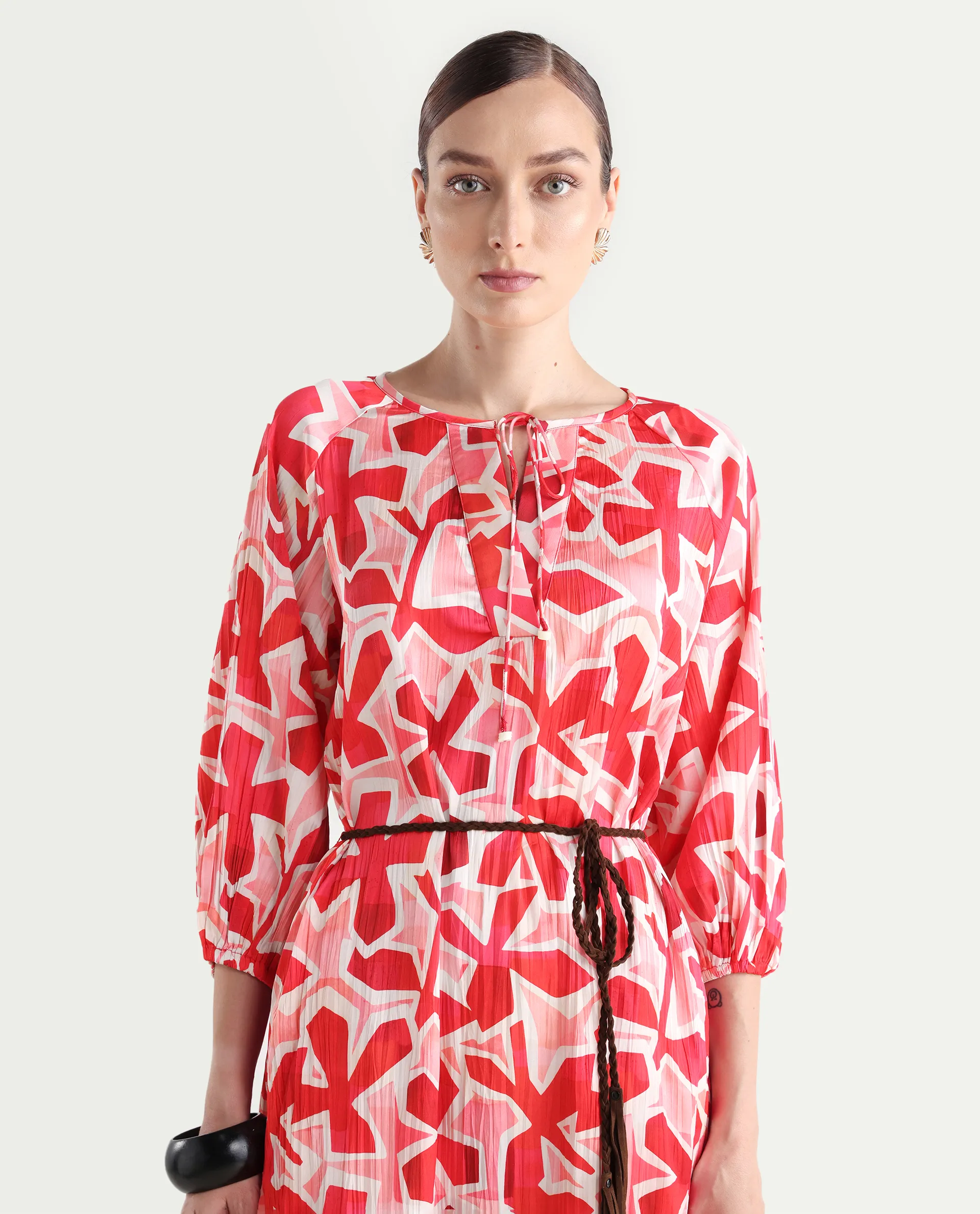 Rareism Women's Zoji Multi Polyester Tie-Up Neck Abstract Print Raglan Sleeve Mini Relaxed Fit Dress - Image 4