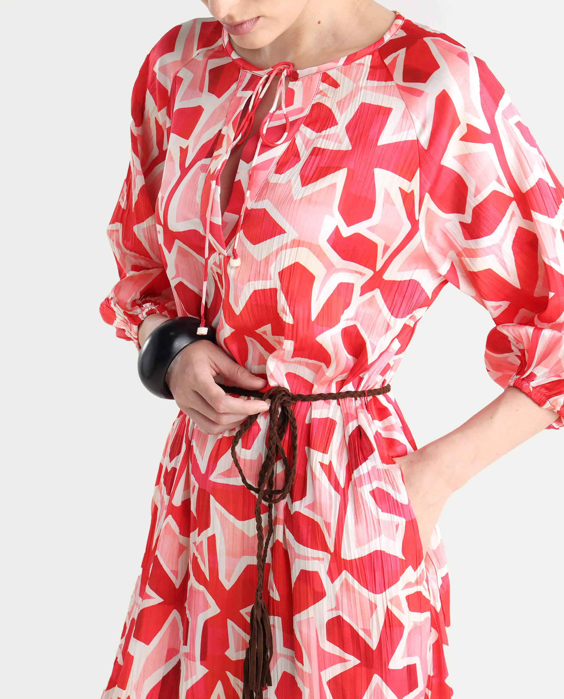 Rareism Women's Zoji Multi Polyester Tie-Up Neck Abstract Print Raglan Sleeve Mini Relaxed Fit Dress - Image 5