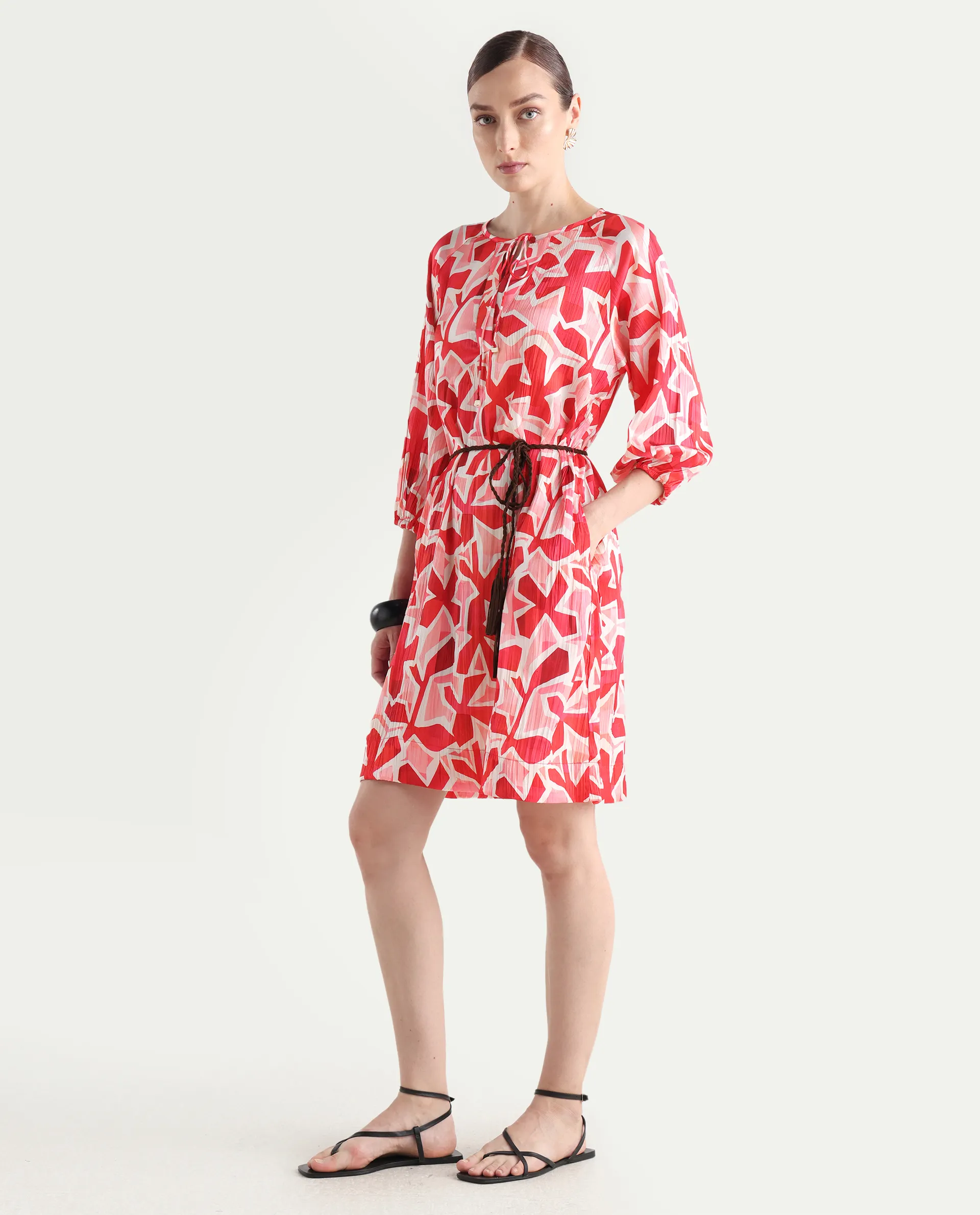 Rareism Women's Zoji Multi Polyester Tie-Up Neck Abstract Print Raglan Sleeve Mini Relaxed Fit Dress - Image 6