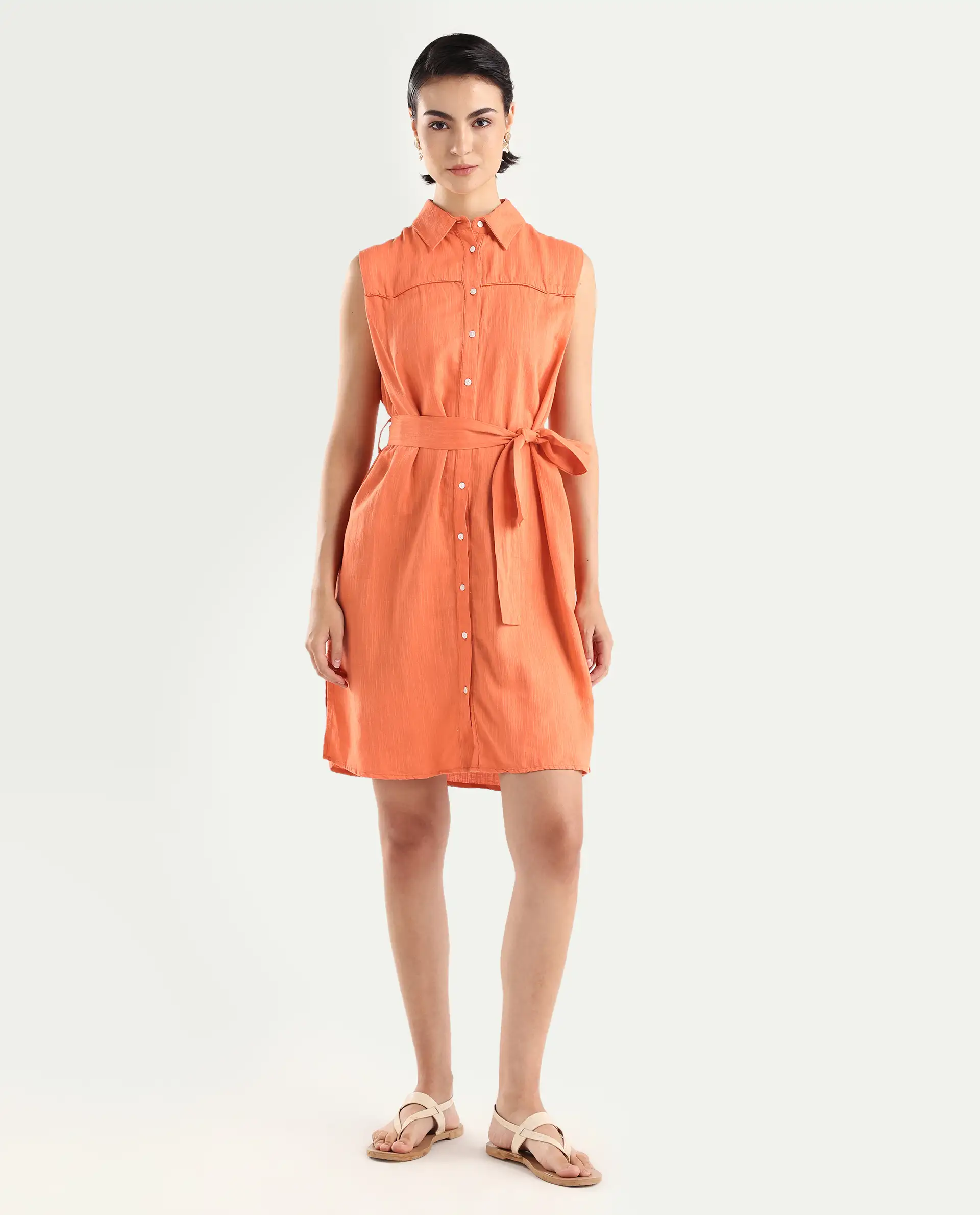 Rareism Women's Zolaa Orange Linen Spread Collar Plain Sleeveless Mini Regular Fit Dress - Image 2