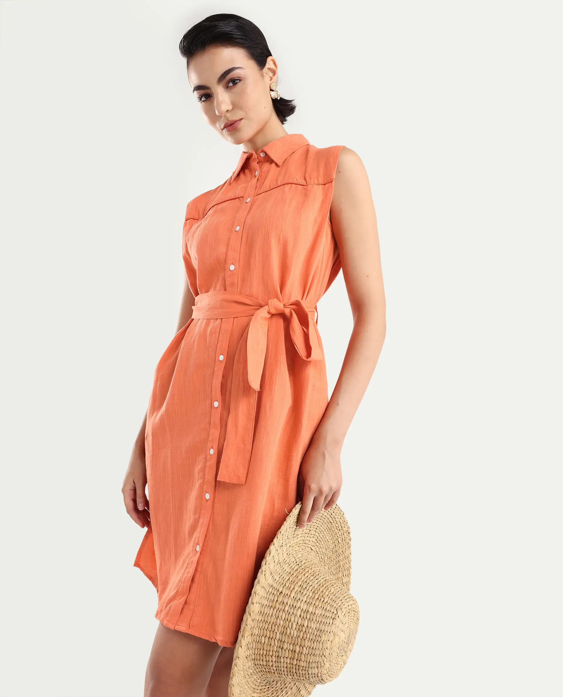 Rareism Women's Zolaa Orange Linen Spread Collar Plain Sleeveless Mini Regular Fit Dress - Image 3
