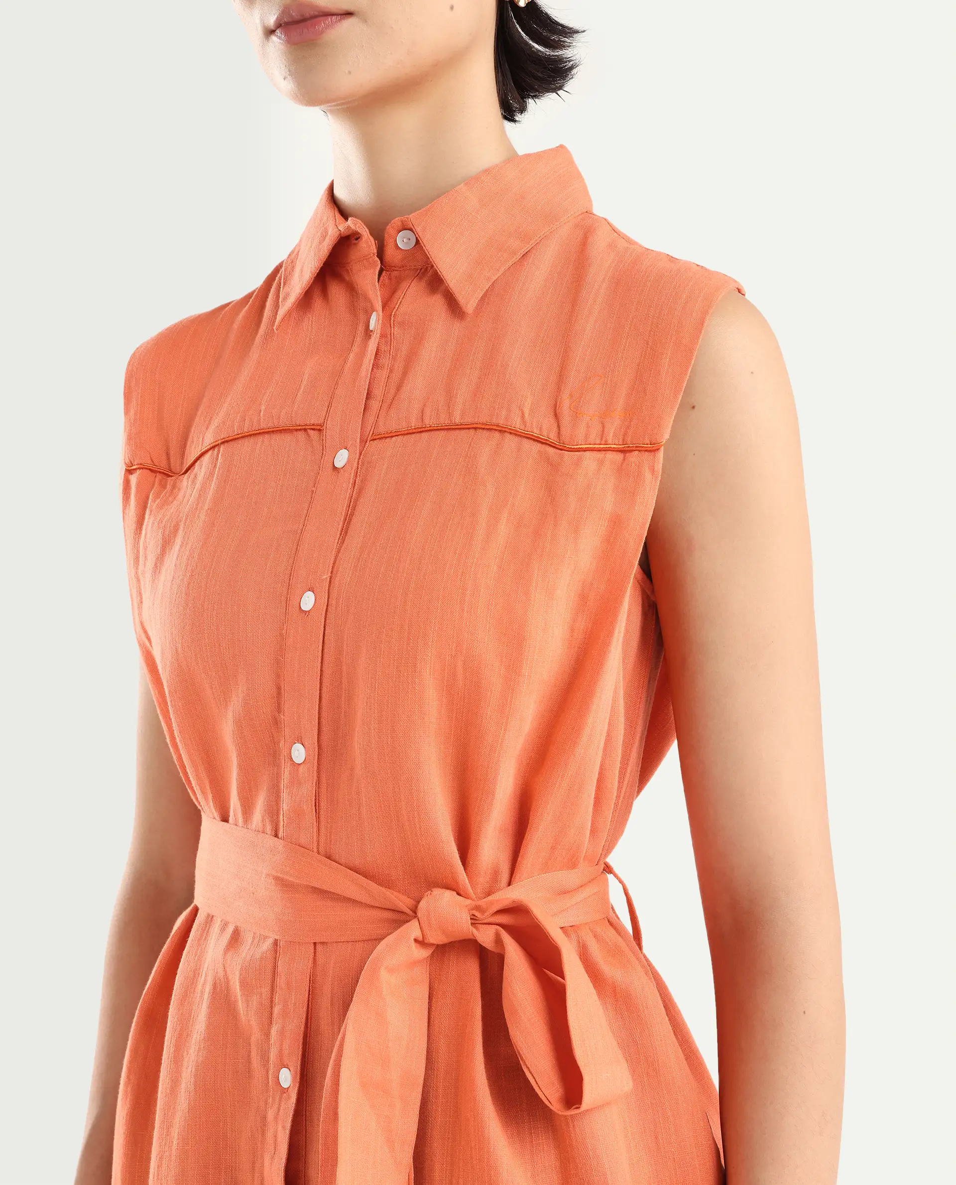Rareism Women's Zolaa Orange Linen Spread Collar Plain Sleeveless Mini Regular Fit Dress - Image 4