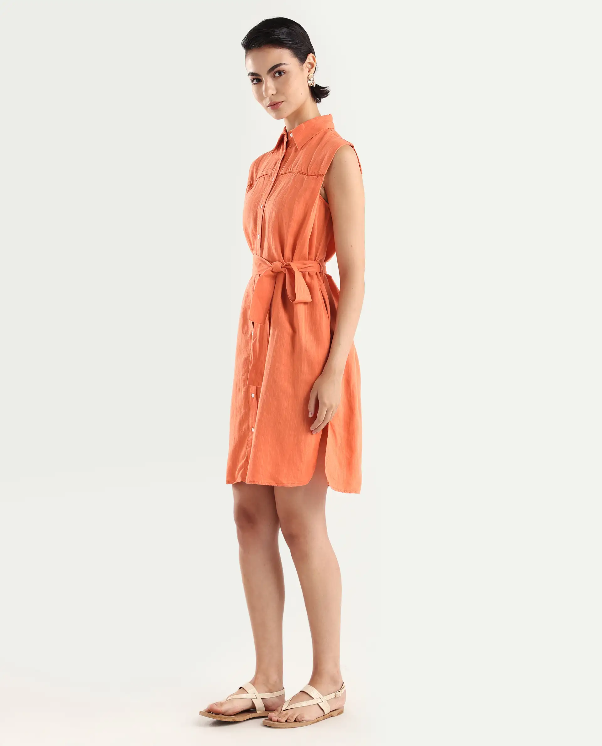 Rareism Women's Zolaa Orange Linen Spread Collar Plain Sleeveless Mini Regular Fit Dress - Image 5