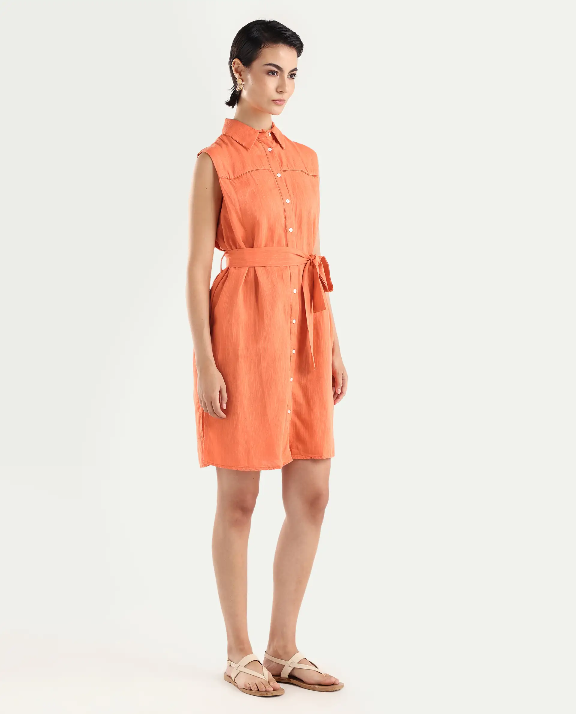 Rareism Women's Zolaa Orange Linen Spread Collar Plain Sleeveless Mini Regular Fit Dress - Image 6