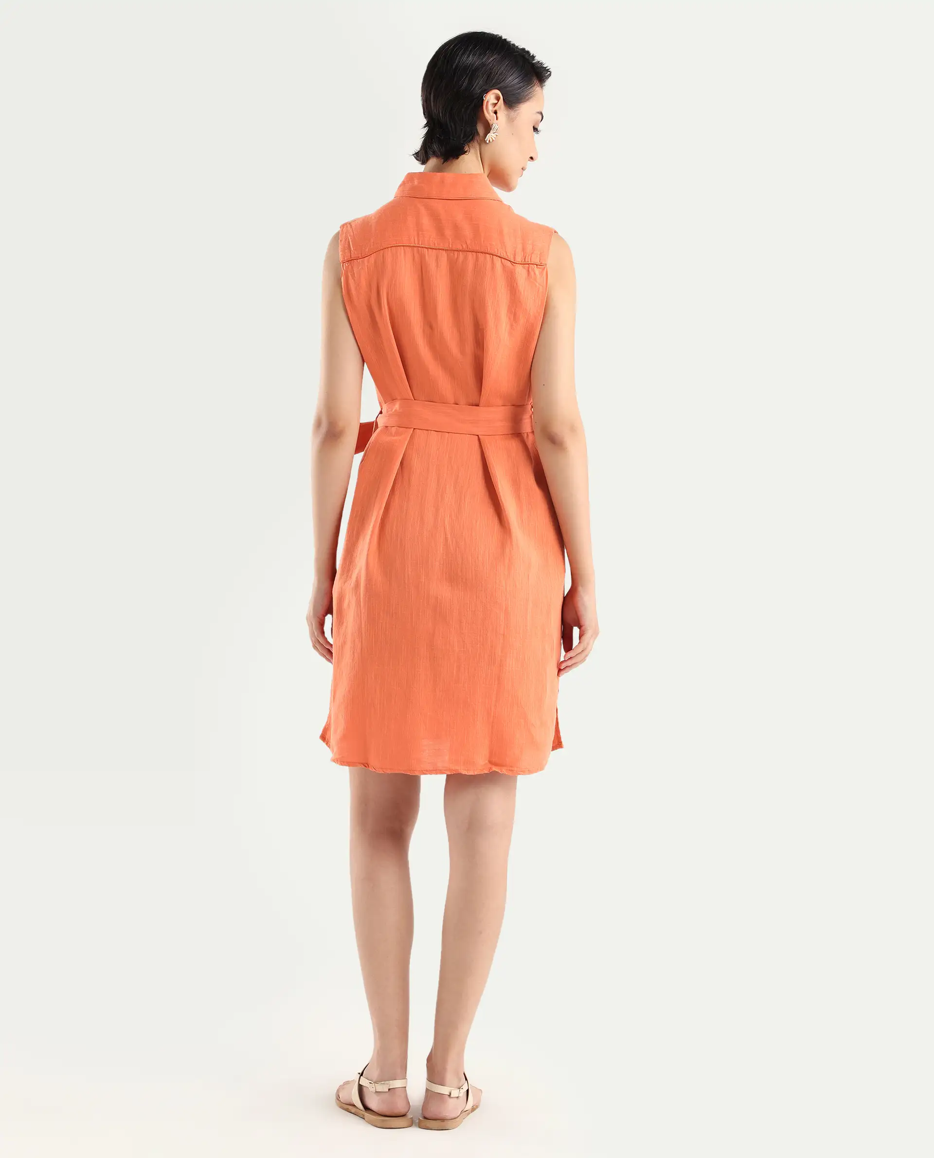 Rareism Women's Zolaa Orange Linen Spread Collar Plain Sleeveless Mini Regular Fit Dress - Image 7