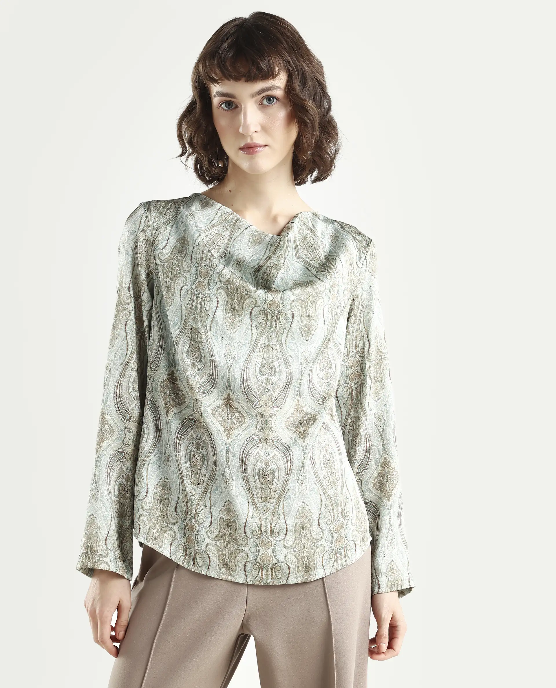 Rareism Women's Zolah Green Polyester Cowl Neck Paisley Print Regular Fit Top - Image 3