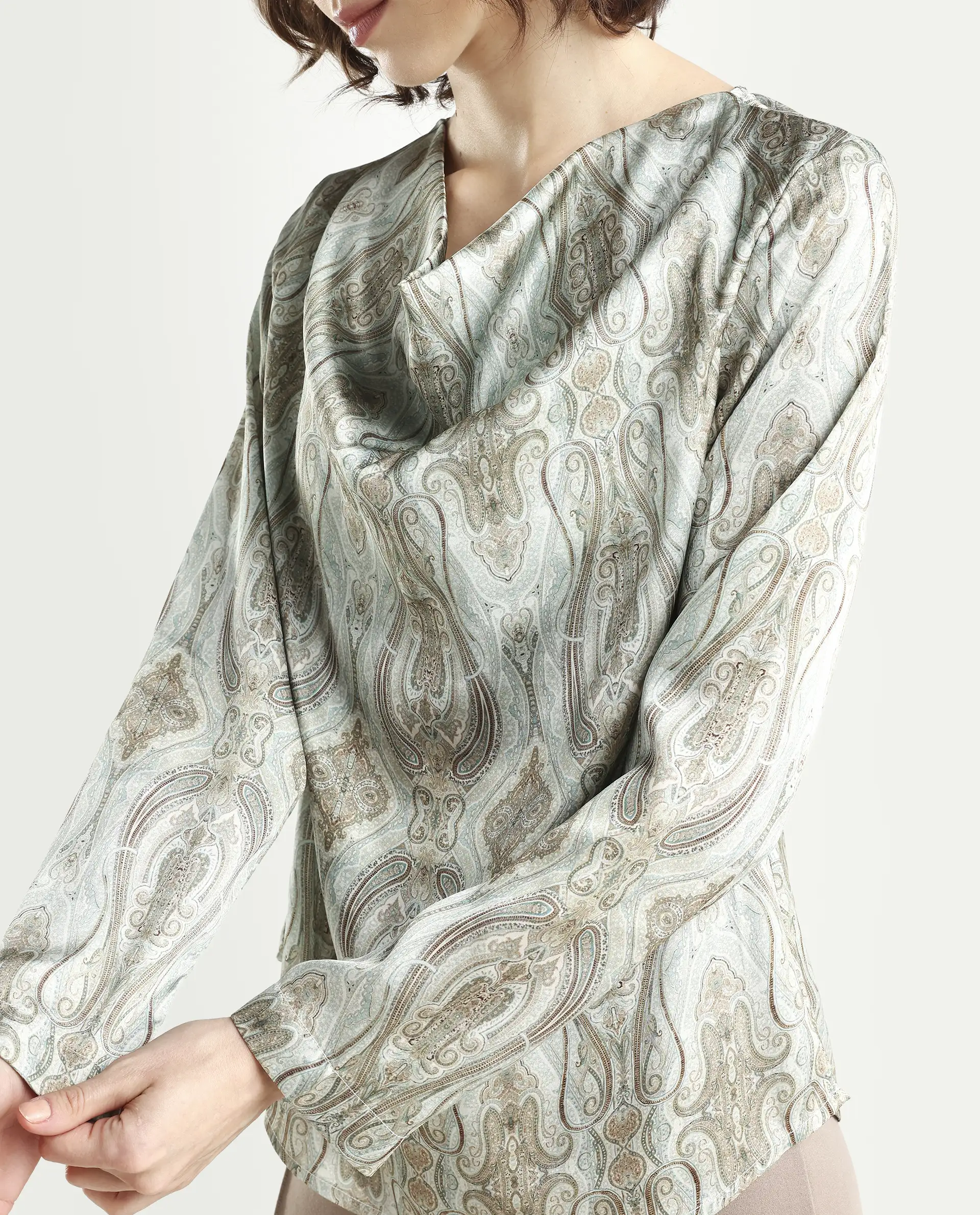 Rareism Women's Zolah Green Polyester Cowl Neck Paisley Print Regular Fit Top - Image 4