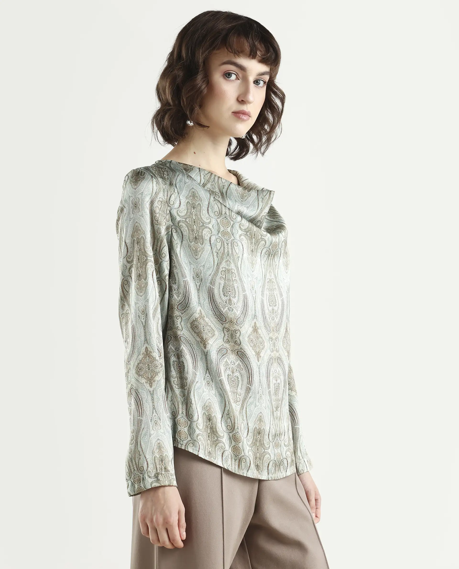 Rareism Women's Zolah Green Polyester Cowl Neck Paisley Print Regular Fit Top - Image 5