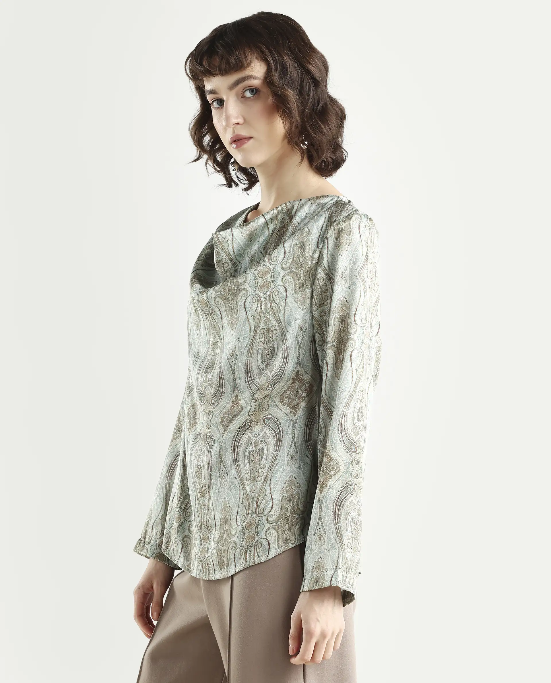 Rareism Women's Zolah Green Polyester Cowl Neck Paisley Print Regular Fit Top - Image 6