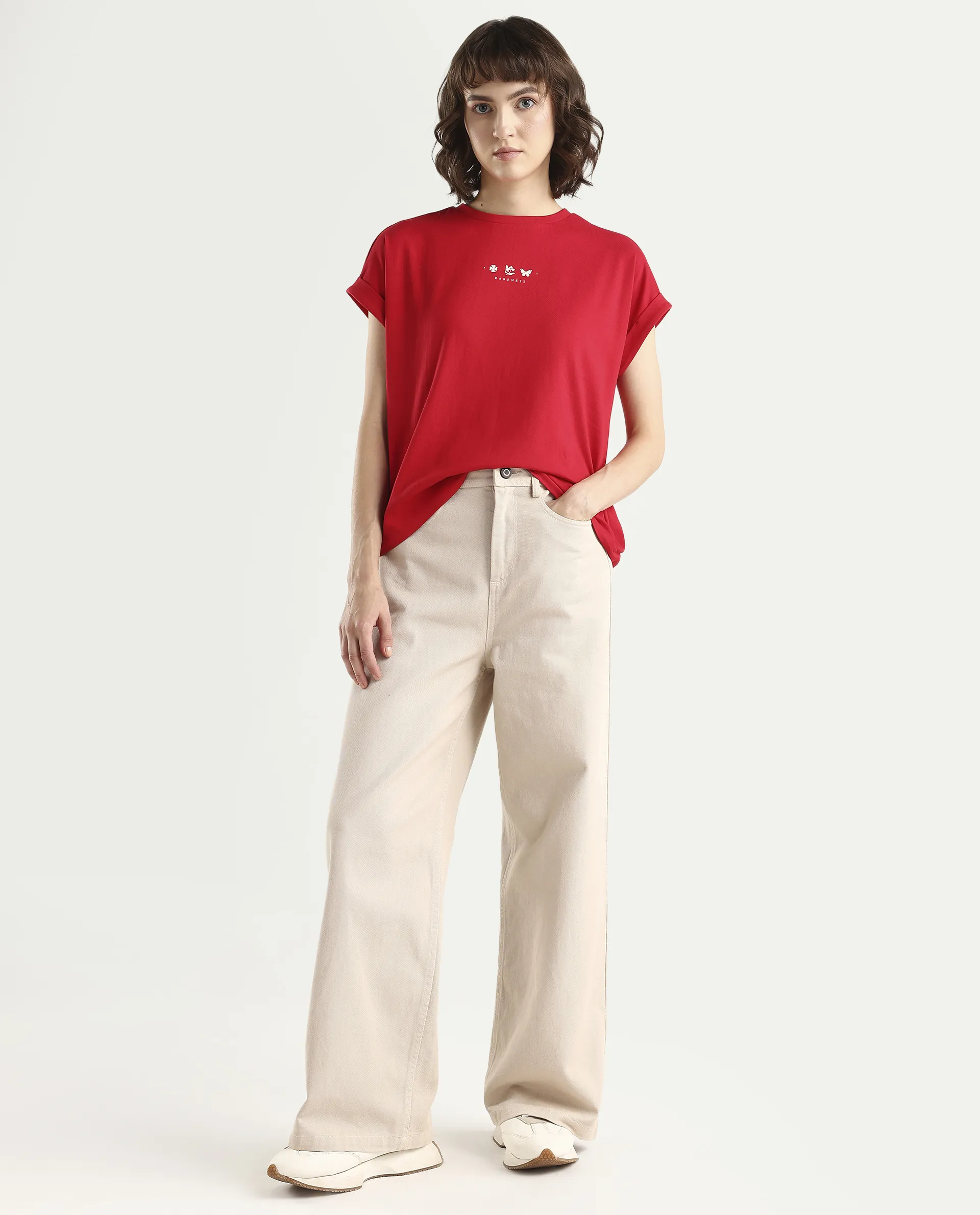 Rareism Women's Zolan Red Cotton Half Sleeve Relaxed Fit Pigment Print T-Shirt - Image 2