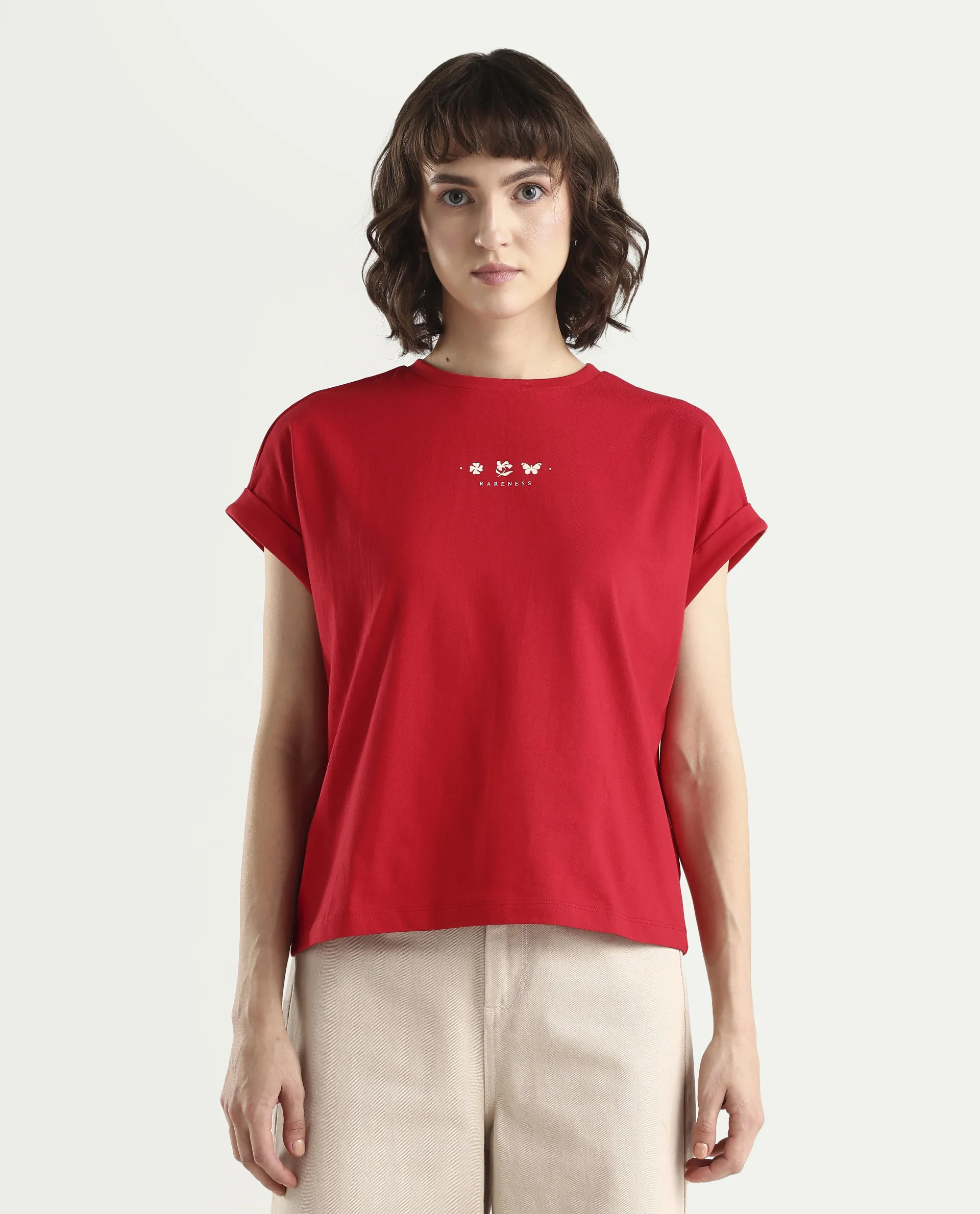 Rareism Women's Zolan Red Cotton Half Sleeve Relaxed Fit Pigment Print T-Shirt - Image 3