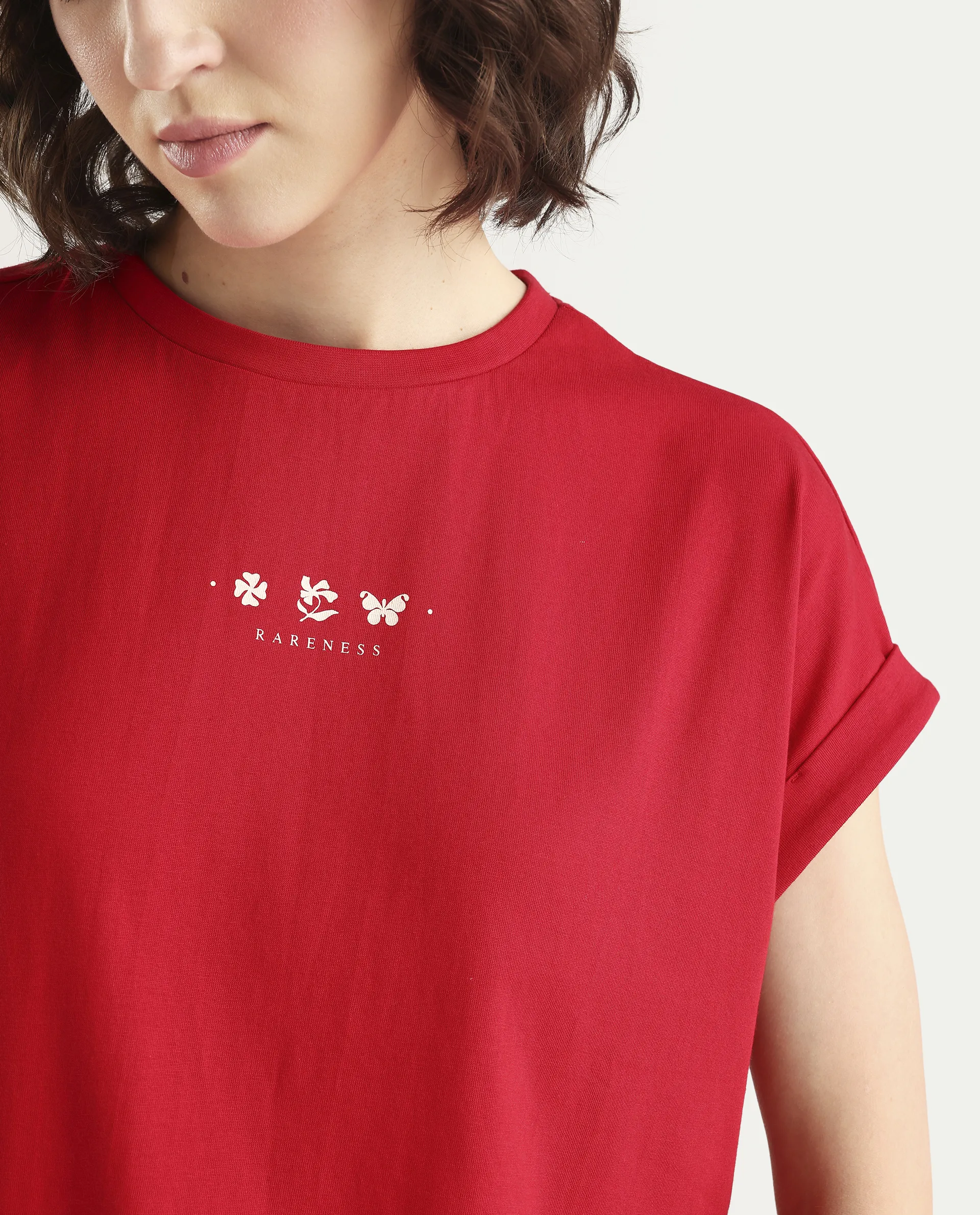 Rareism Women's Zolan Red Cotton Half Sleeve Relaxed Fit Pigment Print T-Shirt - Image 4