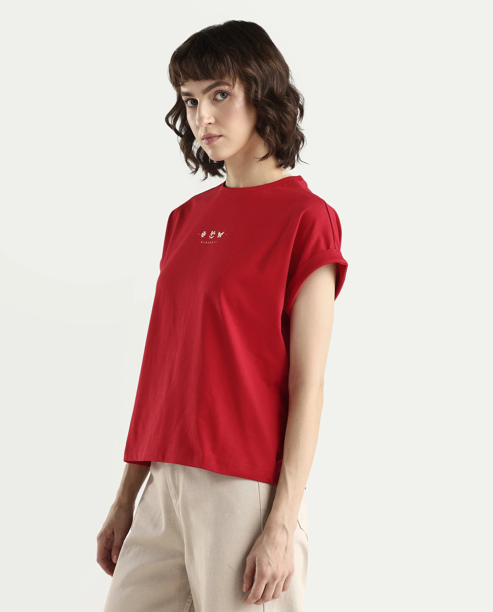 Rareism Women's Zolan Red Cotton Half Sleeve Relaxed Fit Pigment Print T-Shirt - Image 5