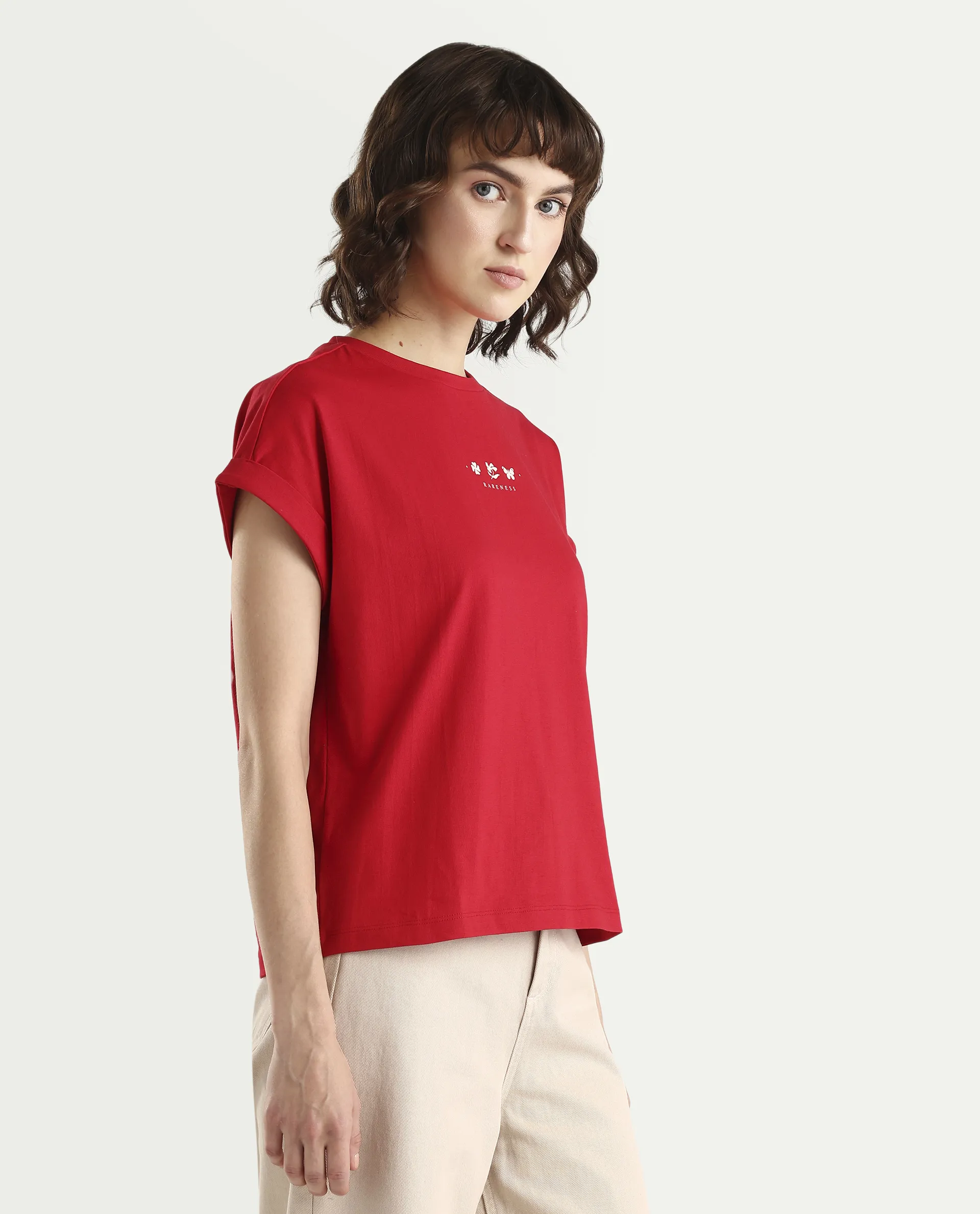 Rareism Women's Zolan Red Cotton Half Sleeve Relaxed Fit Pigment Print T-Shirt - Image 6