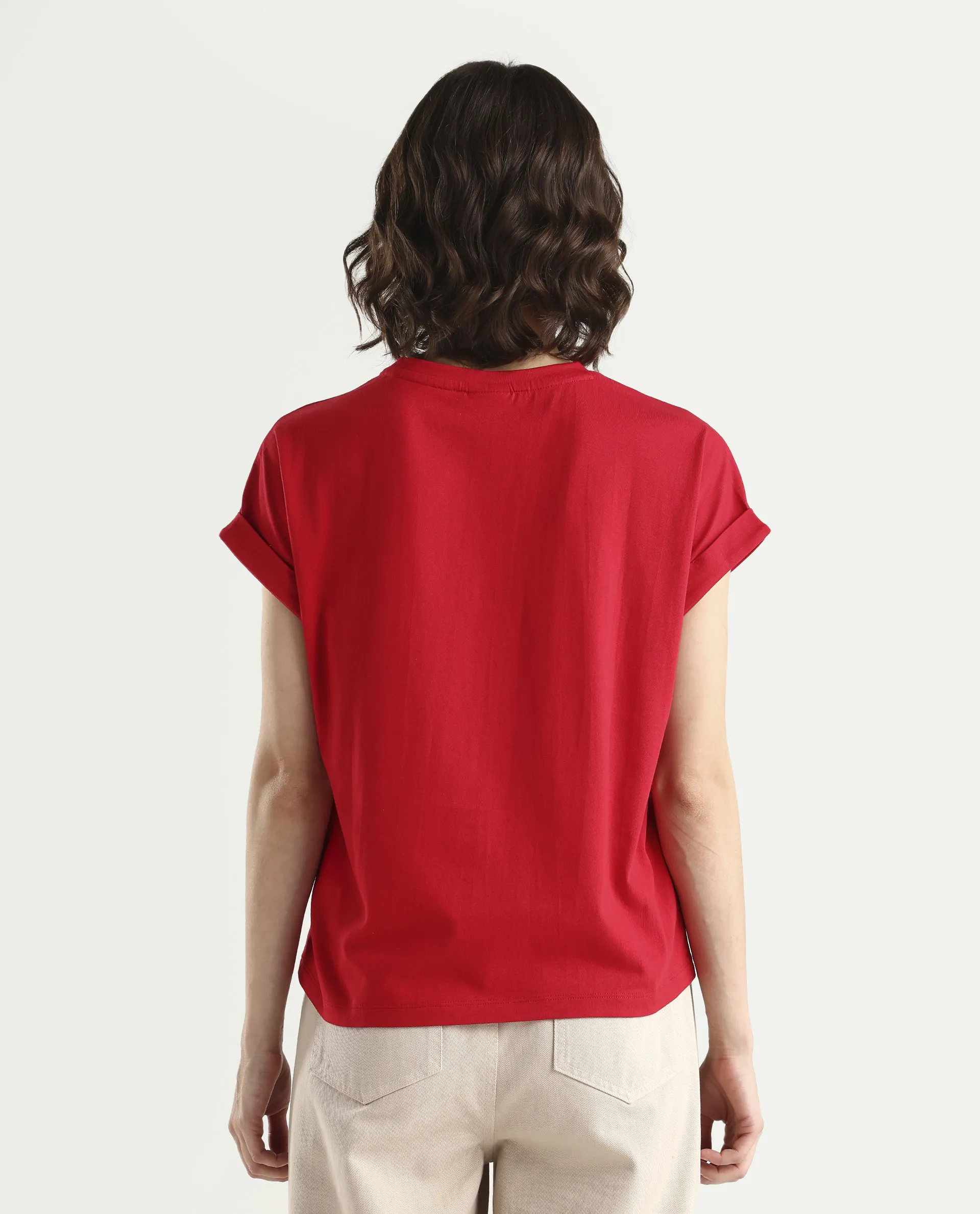 Rareism Women's Zolan Red Cotton Half Sleeve Relaxed Fit Pigment Print T-Shirt - Image 7