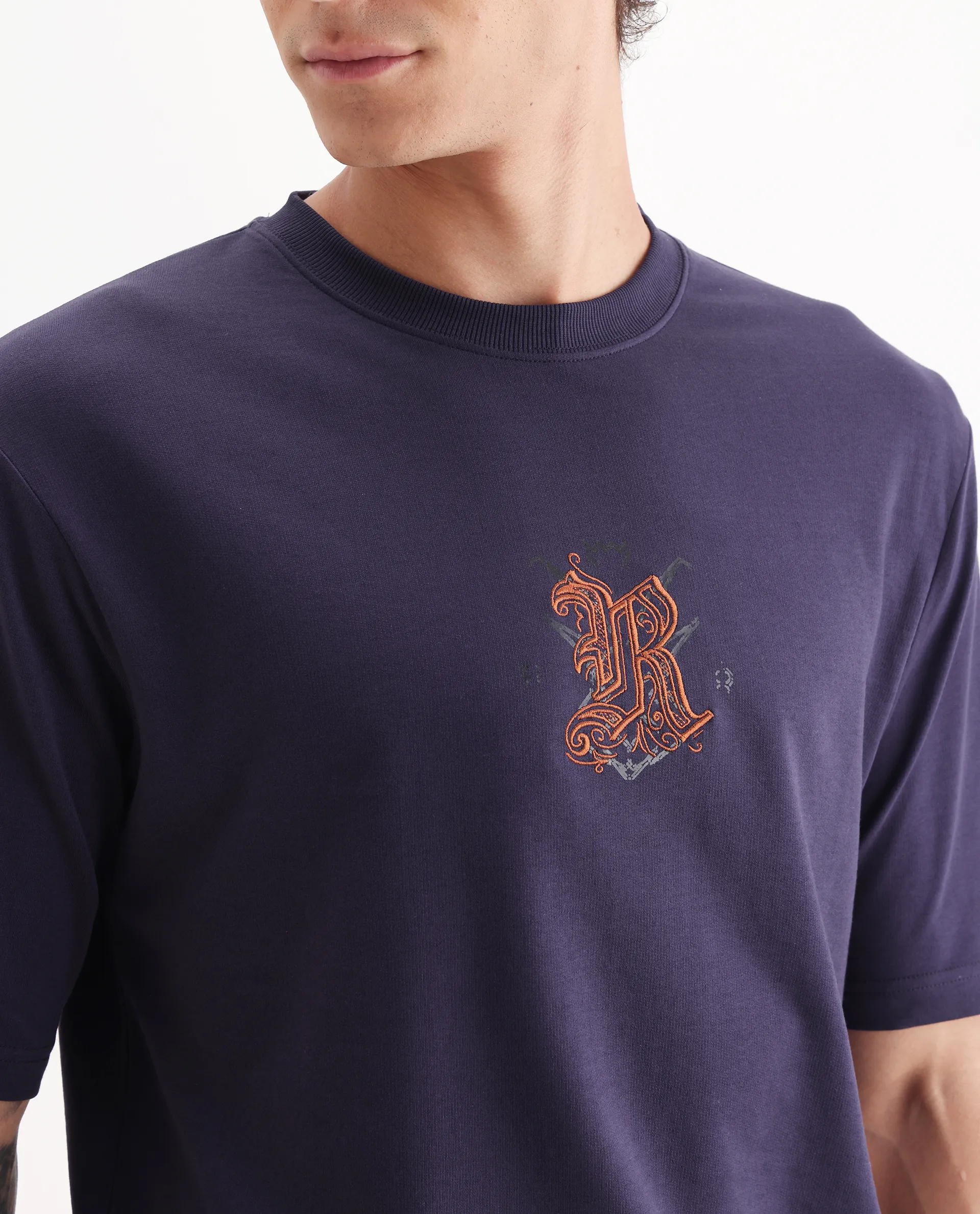 Rare Rabbit Men's Zolar Dark Purple Cotton Graphic Print Relaxed Fit Half Sleeve Crew Neck T-Shirt - Image 3