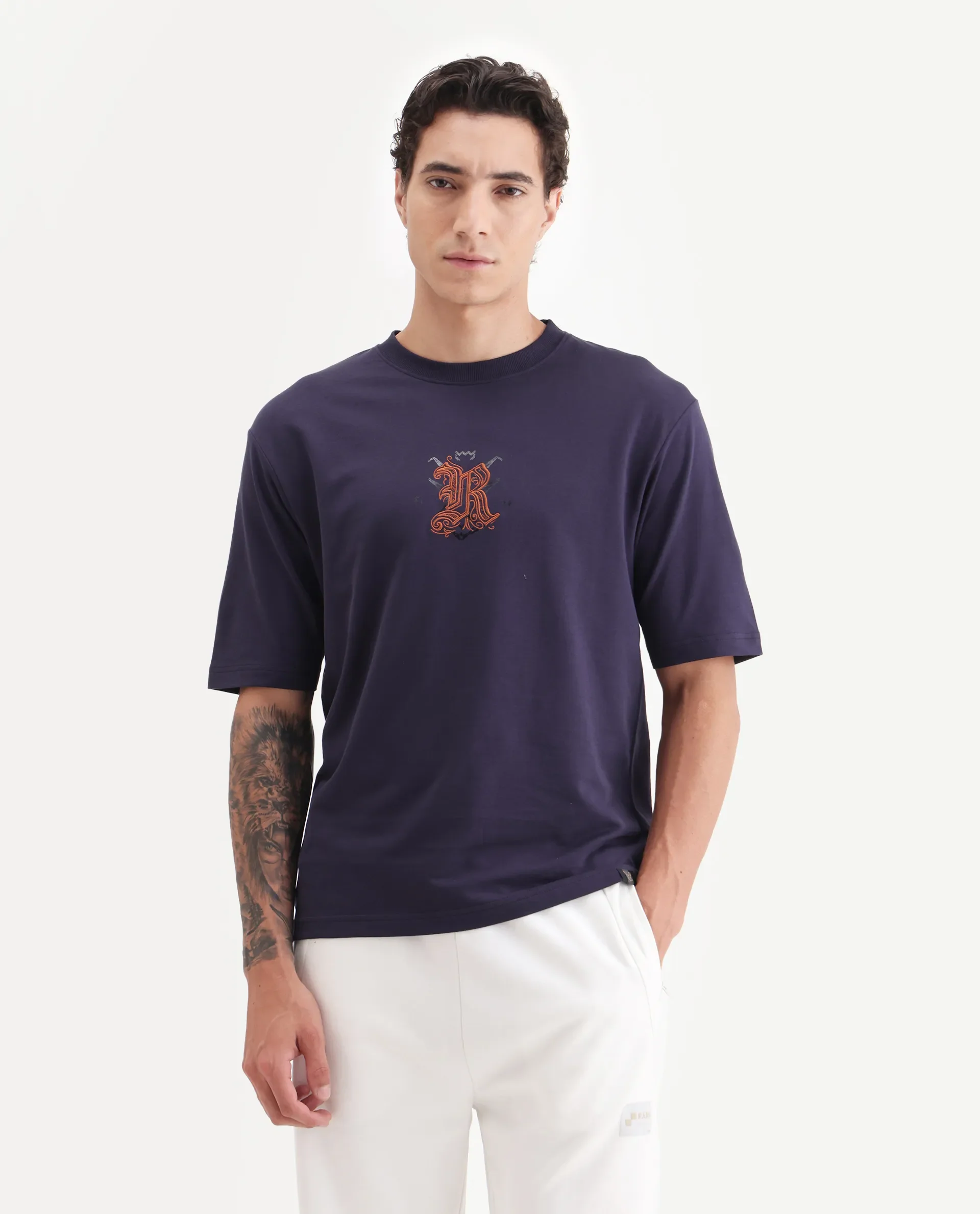 Rare Rabbit Men's Zolar Dark Purple Cotton Graphic Print Relaxed Fit Half Sleeve Crew Neck T-Shirt - Image 4