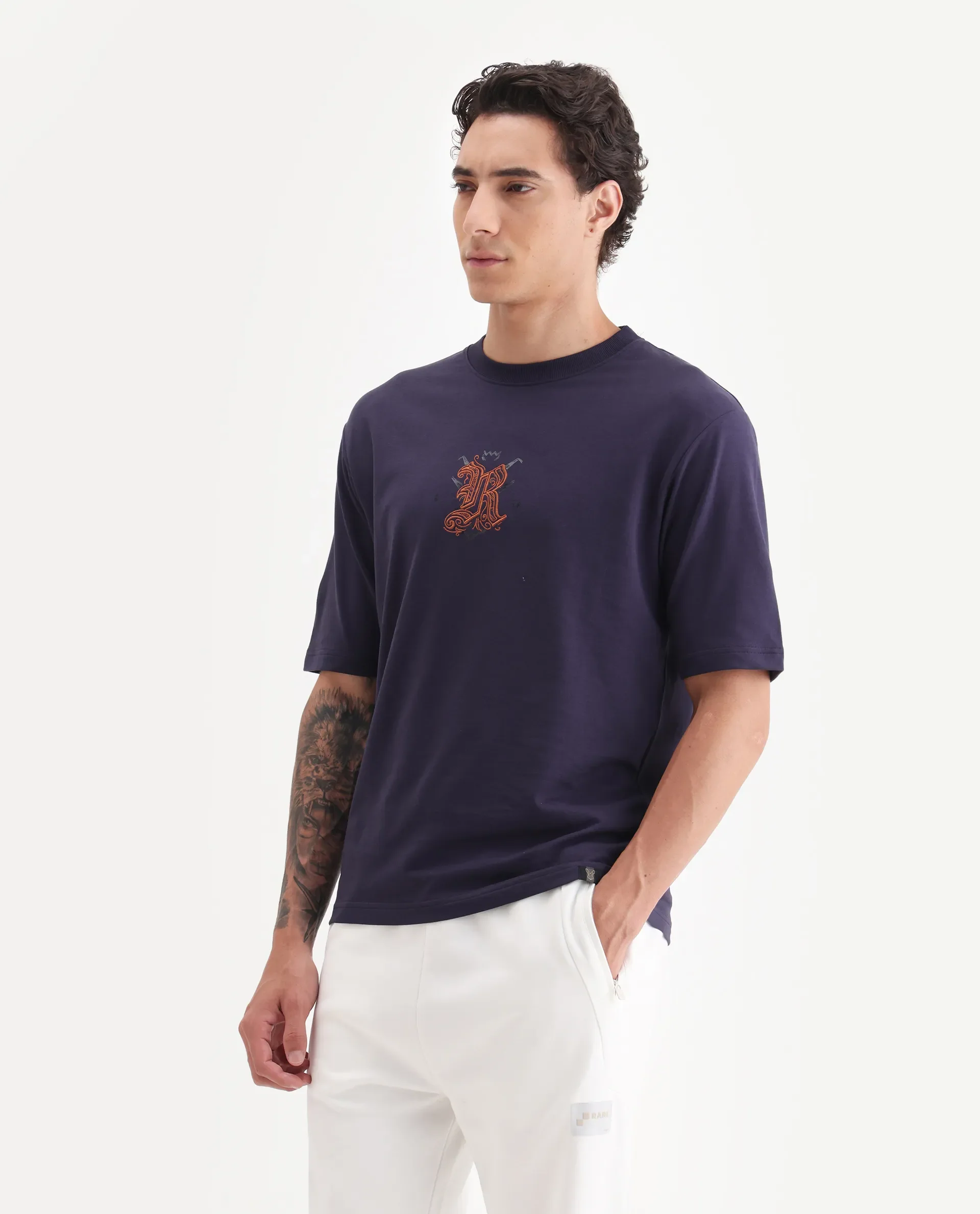 Rare Rabbit Men's Zolar Dark Purple Cotton Graphic Print Relaxed Fit Half Sleeve Crew Neck T-Shirt - Image 5