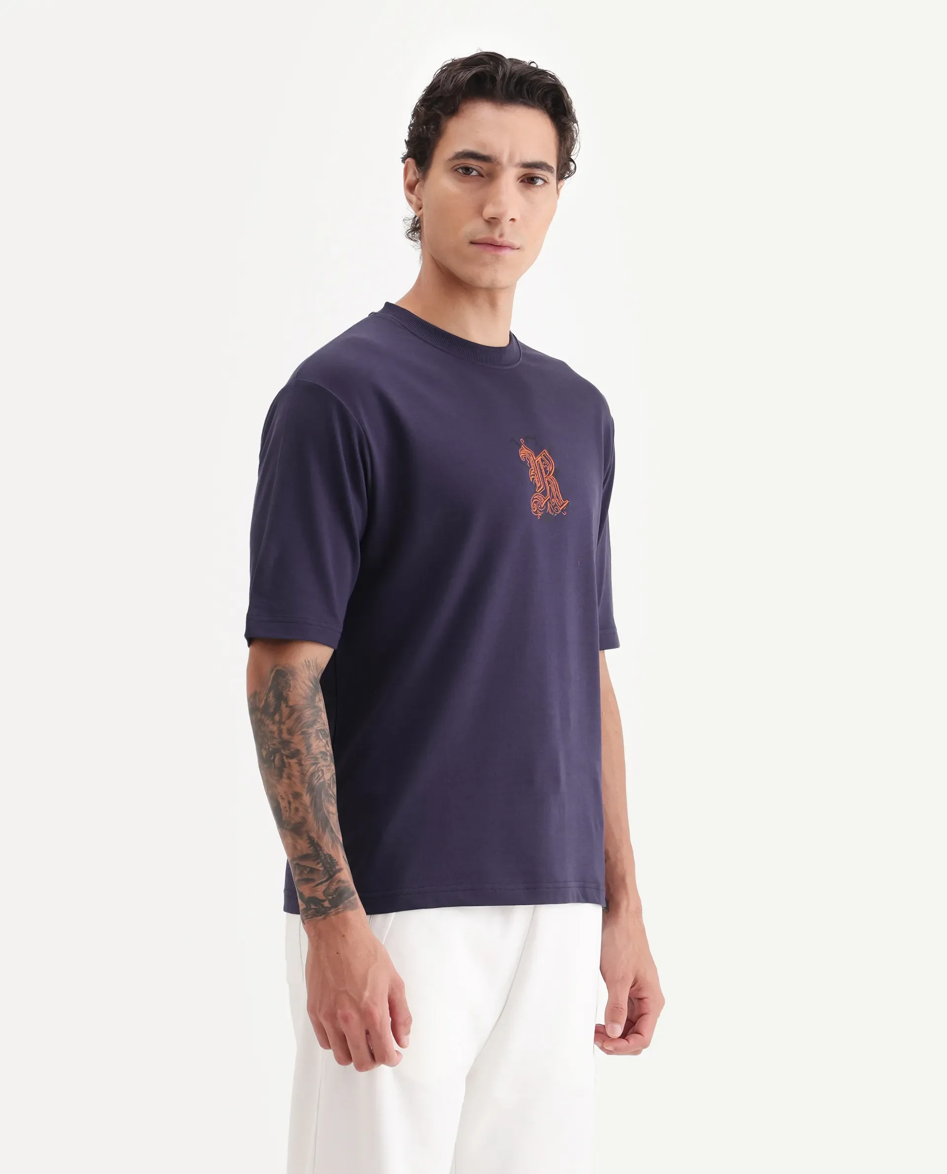 Rare Rabbit Men's Zolar Dark Purple Cotton Graphic Print Relaxed Fit Half Sleeve Crew Neck T-Shirt - Image 6