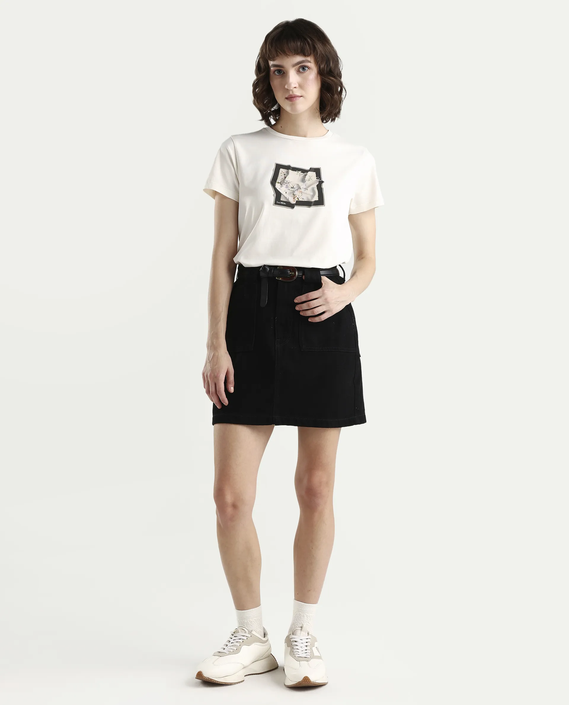 Rareism Women's Zoll Off White Cotton Blend Half Sleeve Regular Fit Printed T-Shirt - Image 2