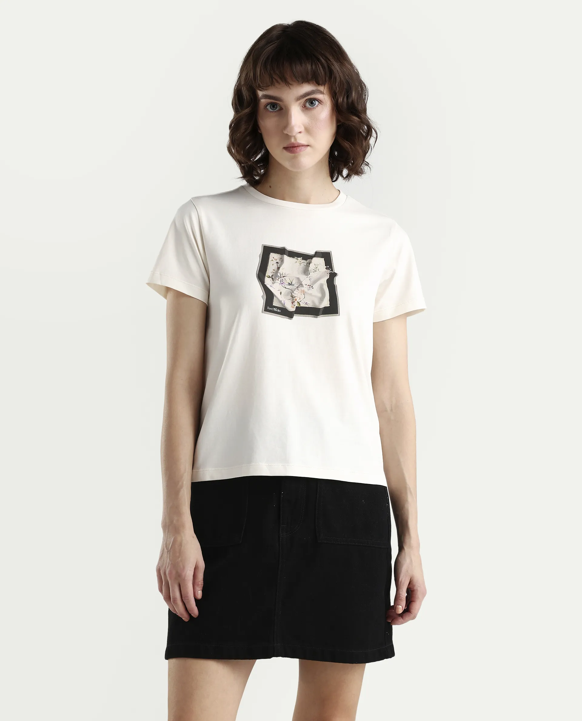 Rareism Women's Zoll Off White Cotton Blend Half Sleeve Regular Fit Printed T-Shirt - Image 3