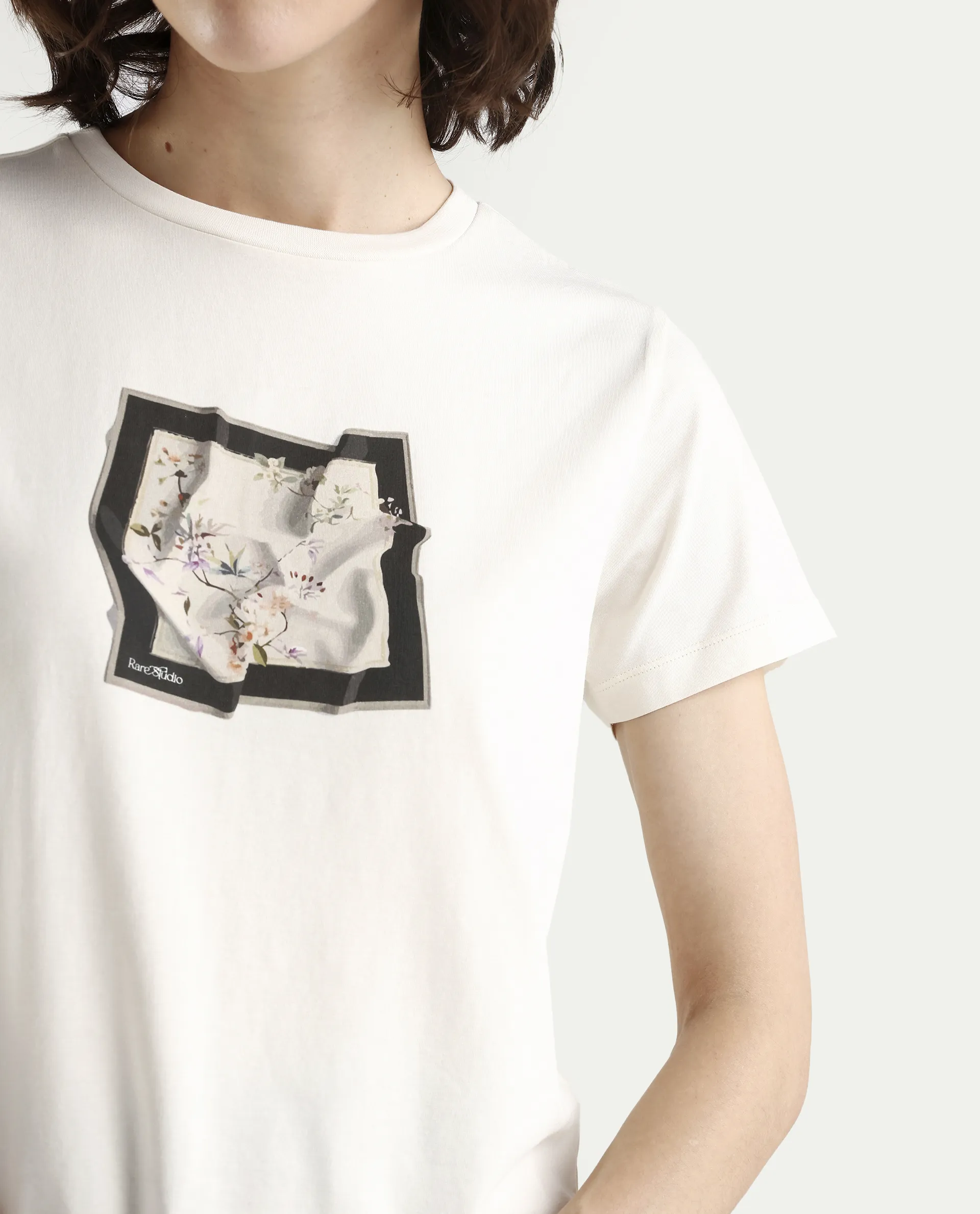 Rareism Women's Zoll Off White Cotton Blend Half Sleeve Regular Fit Printed T-Shirt - Image 4