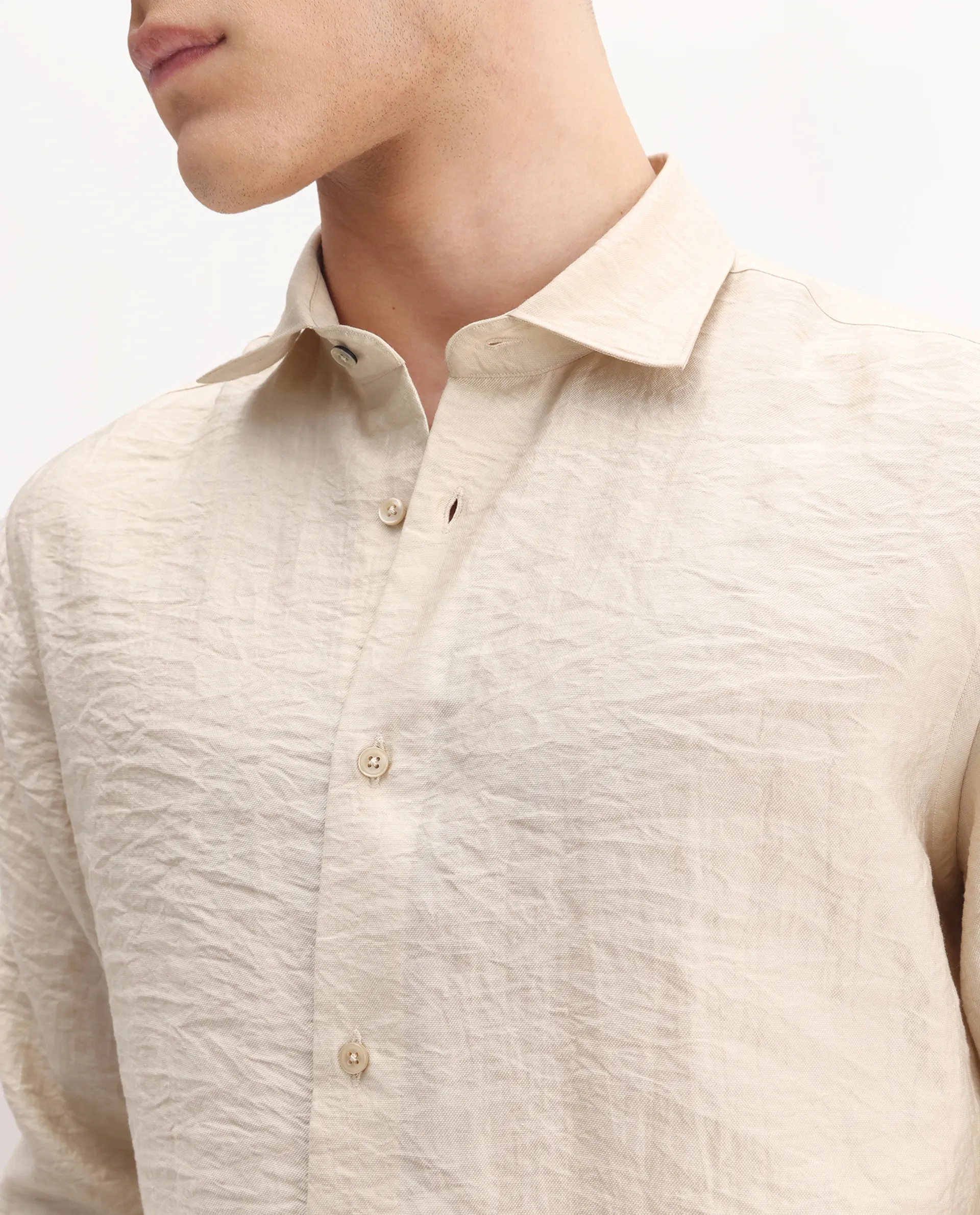 Rare Rabbit Men's Zolot Light Beige Viscose Plain Regular Fit Full Sleeve Collared Shirt - Image 3