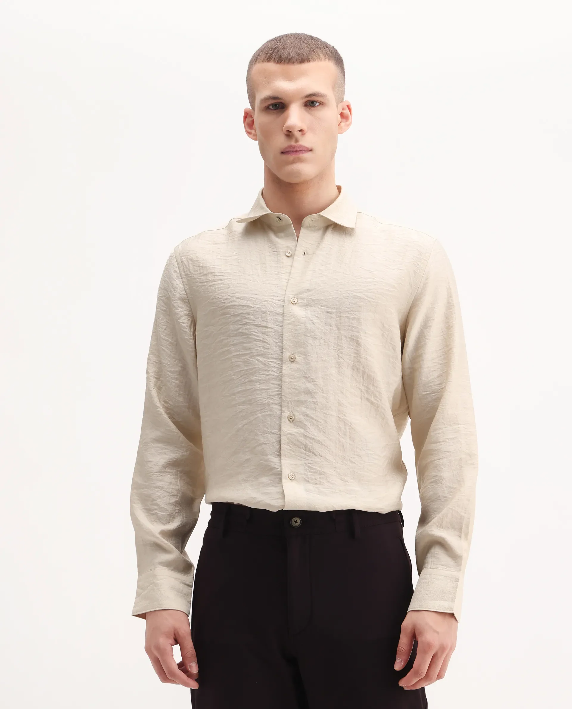 Rare Rabbit Men's Zolot Light Beige Viscose Plain Regular Fit Full Sleeve Collared Shirt - Image 4