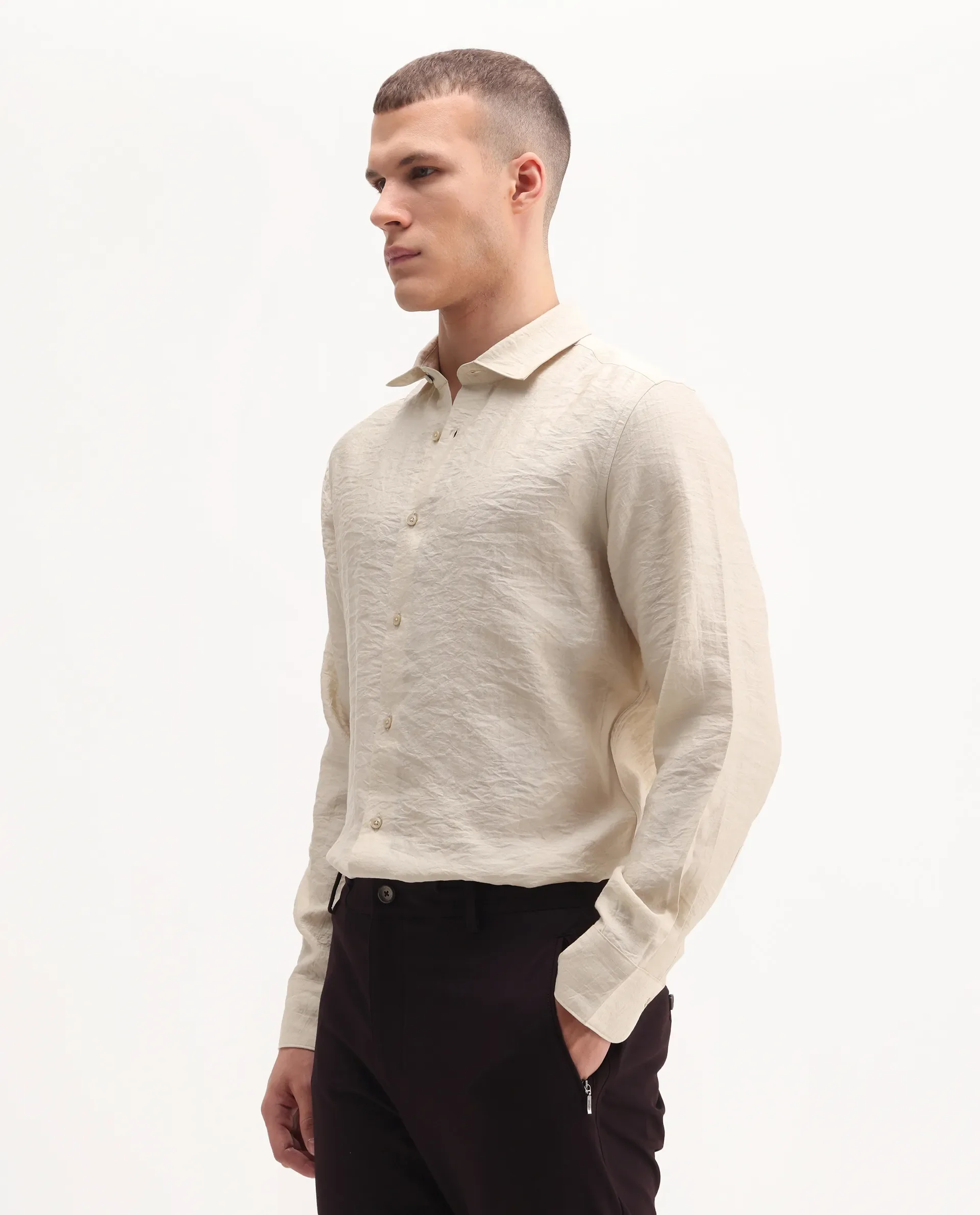Rare Rabbit Men's Zolot Light Beige Viscose Plain Regular Fit Full Sleeve Collared Shirt - Image 5