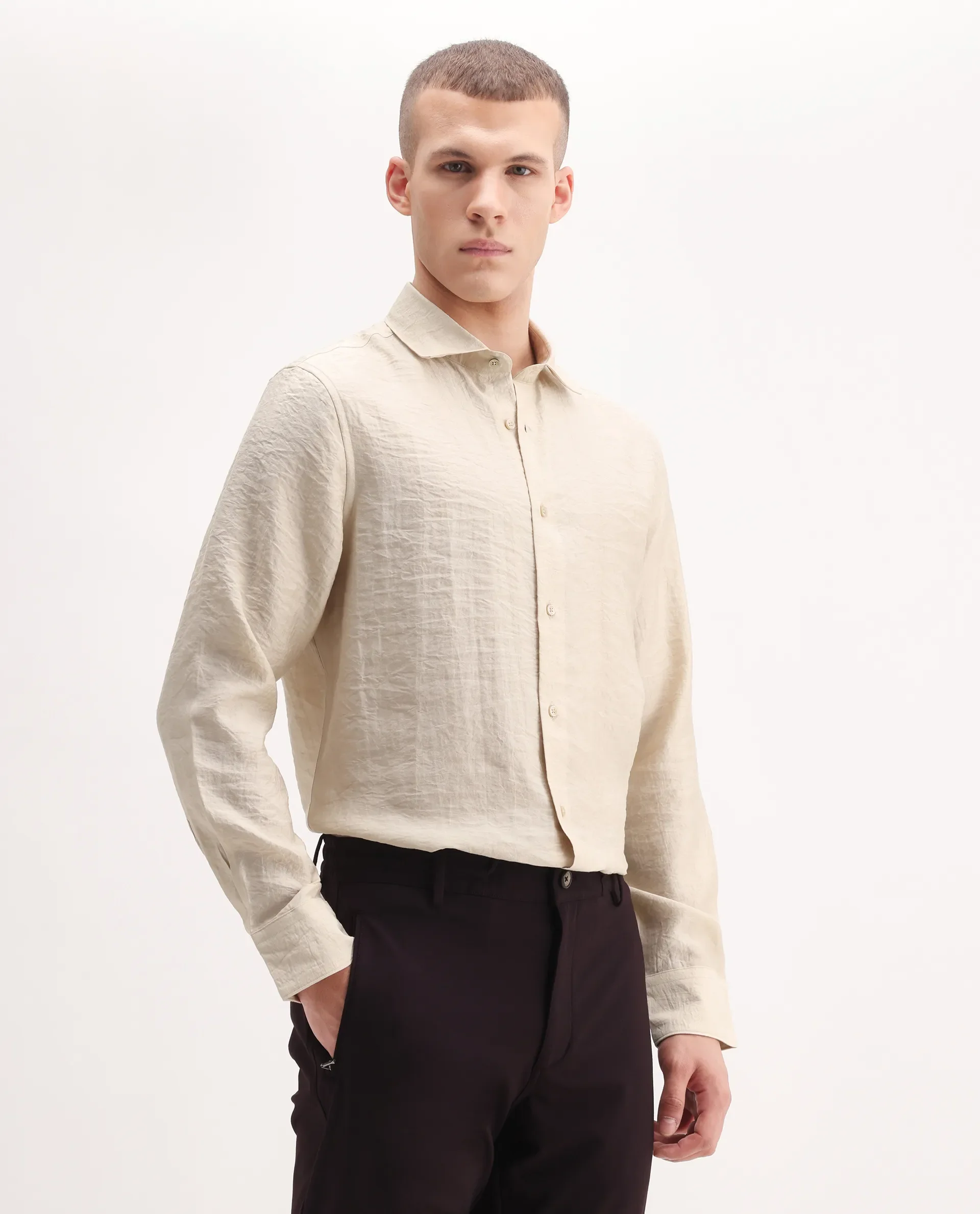 Rare Rabbit Men's Zolot Light Beige Viscose Plain Regular Fit Full Sleeve Collared Shirt - Image 6