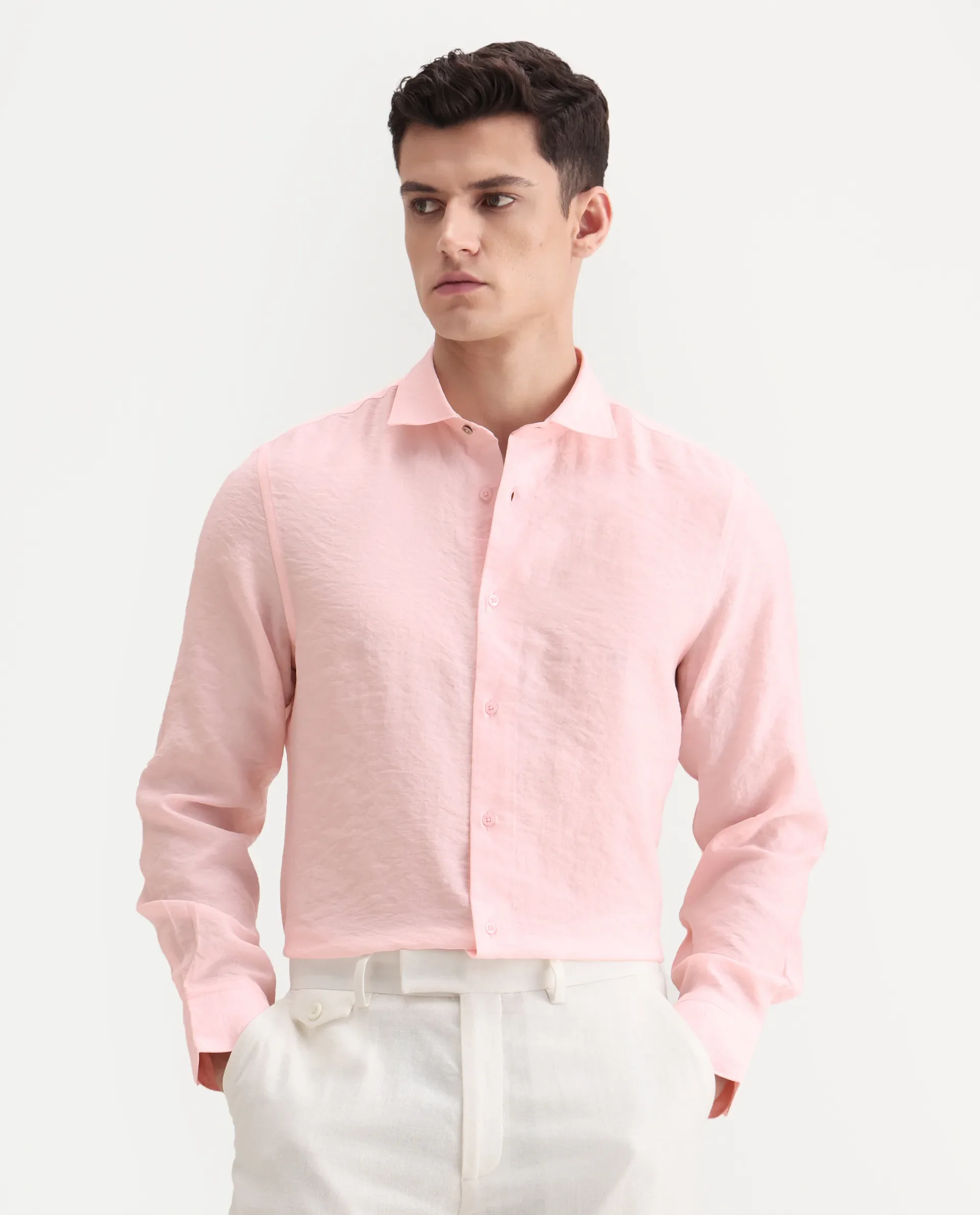 Rare Rabbit Men's Zolot Light Pink Viscose Plain Regular Fit Full Sleeve Collared Shirt - Image 4