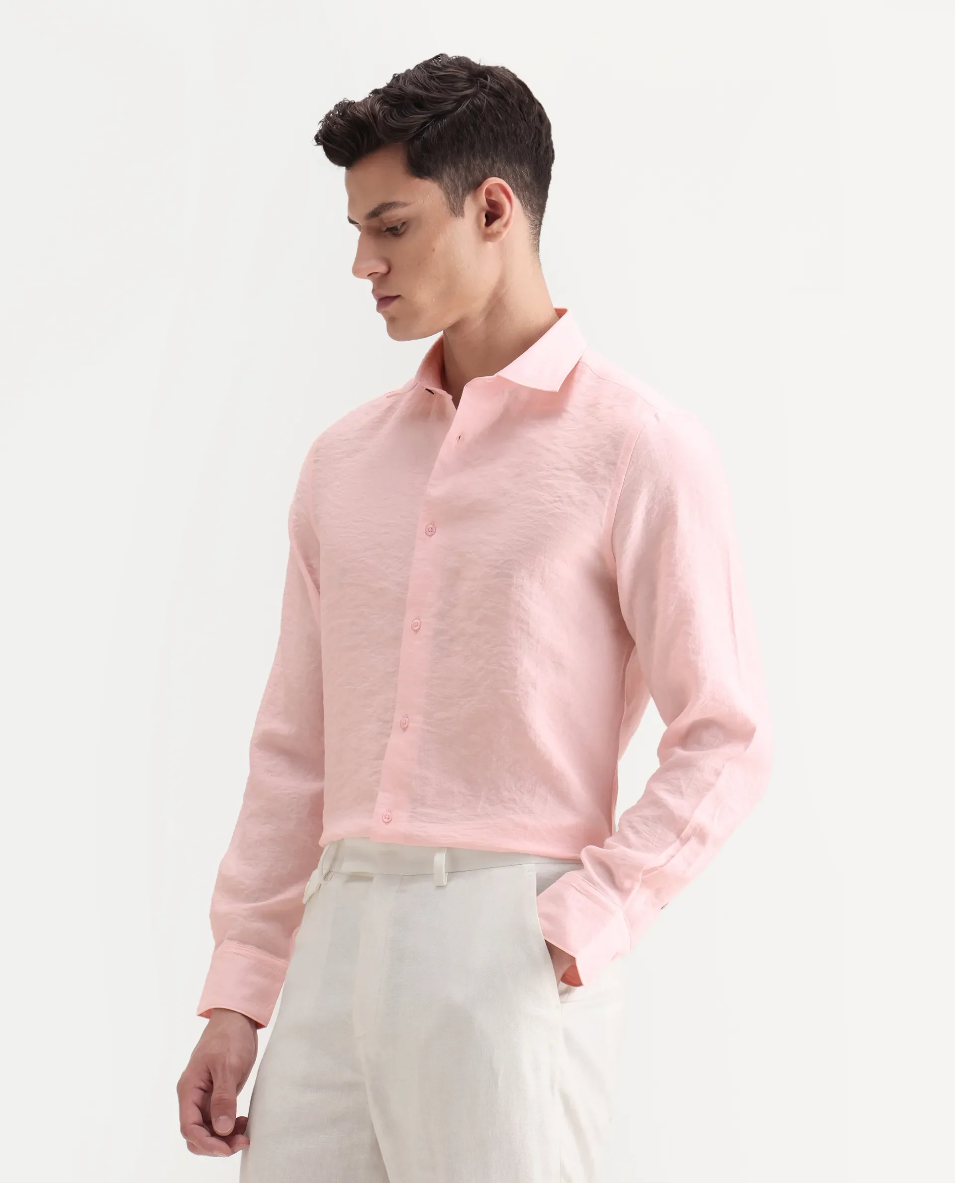 Rare Rabbit Men's Zolot Light Pink Viscose Plain Regular Fit Full Sleeve Collared Shirt - Image 5