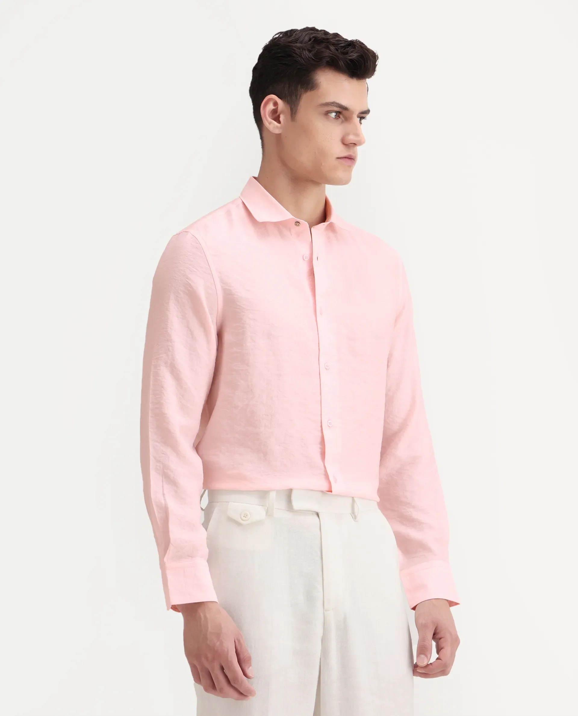 Rare Rabbit Men's Zolot Light Pink Viscose Plain Regular Fit Full Sleeve Collared Shirt - Image 6