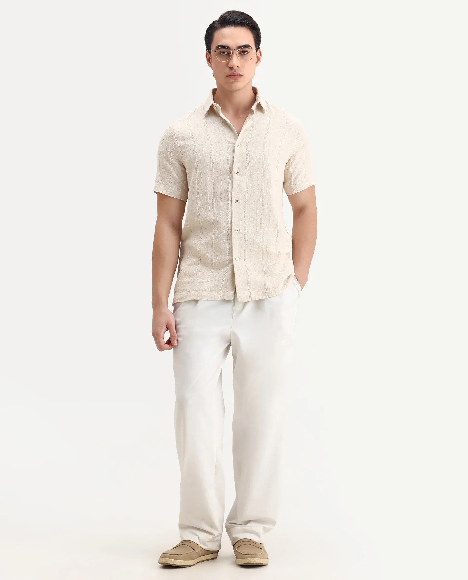 Rare Rabbit Men's Zolt Beige Cotton Fabric Short Sleeve Collared Neck Button Closure Striped Shirt - Image 2