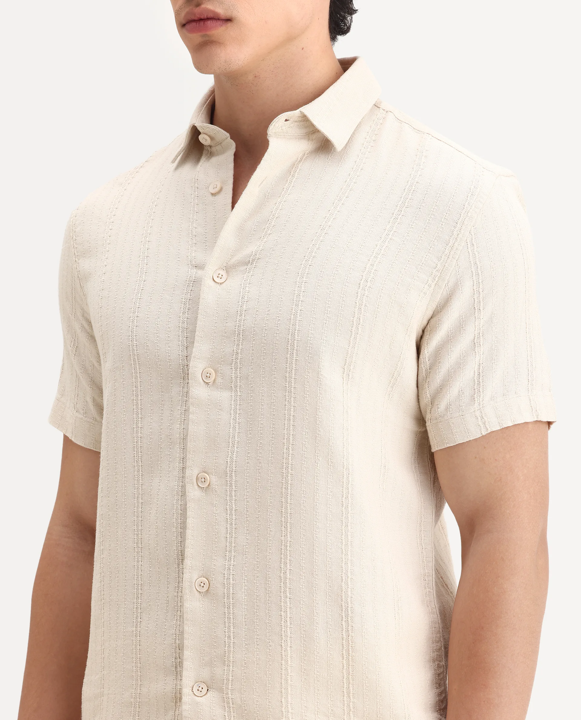 Rare Rabbit Men's Zolt Beige Cotton Fabric Short Sleeve Collared Neck Button Closure Striped Shirt - Image 3
