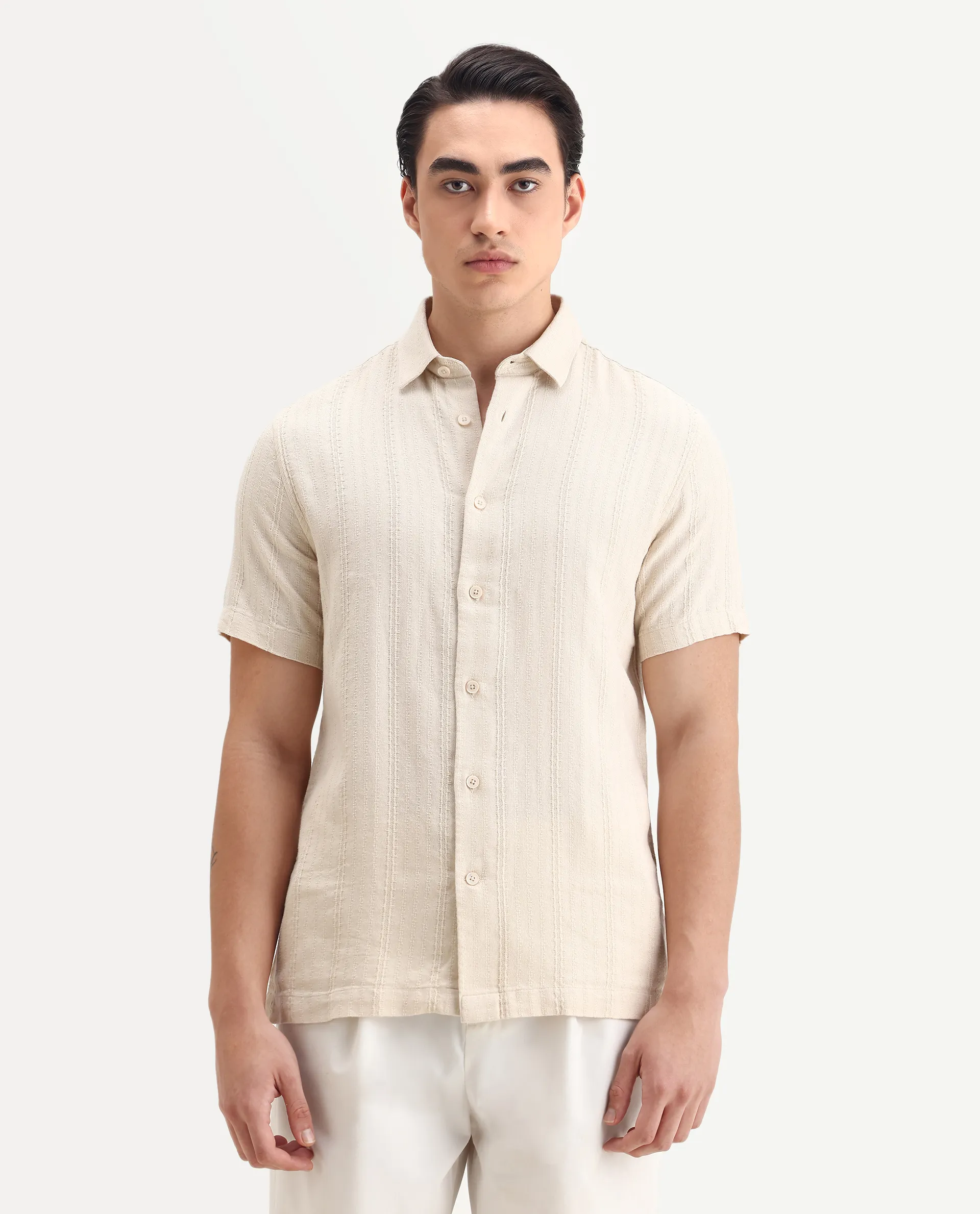 Rare Rabbit Men's Zolt Beige Cotton Fabric Short Sleeve Collared Neck Button Closure Striped Shirt - Image 4