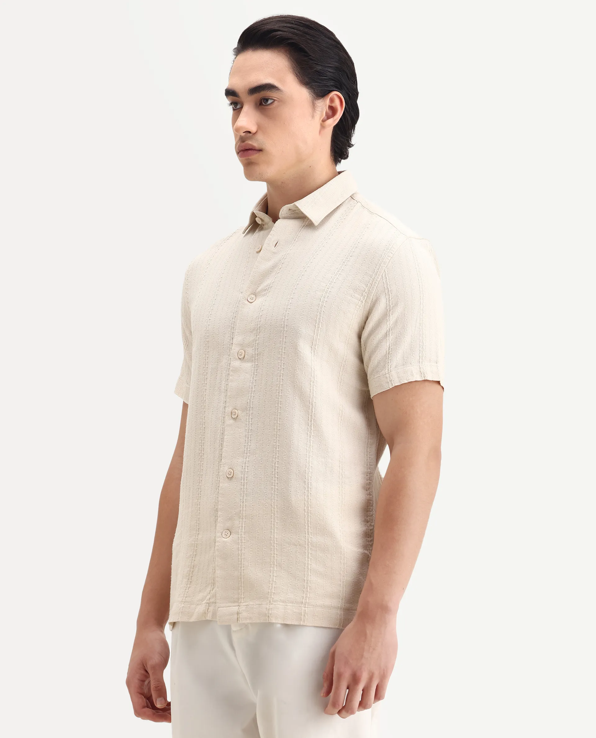 Rare Rabbit Men's Zolt Beige Cotton Fabric Short Sleeve Collared Neck Button Closure Striped Shirt - Image 5