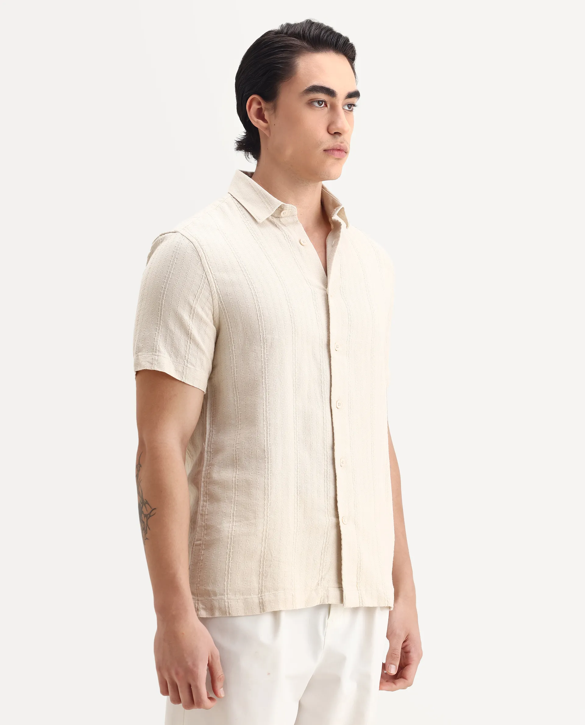 Rare Rabbit Men's Zolt Beige Cotton Fabric Short Sleeve Collared Neck Button Closure Striped Shirt - Image 6