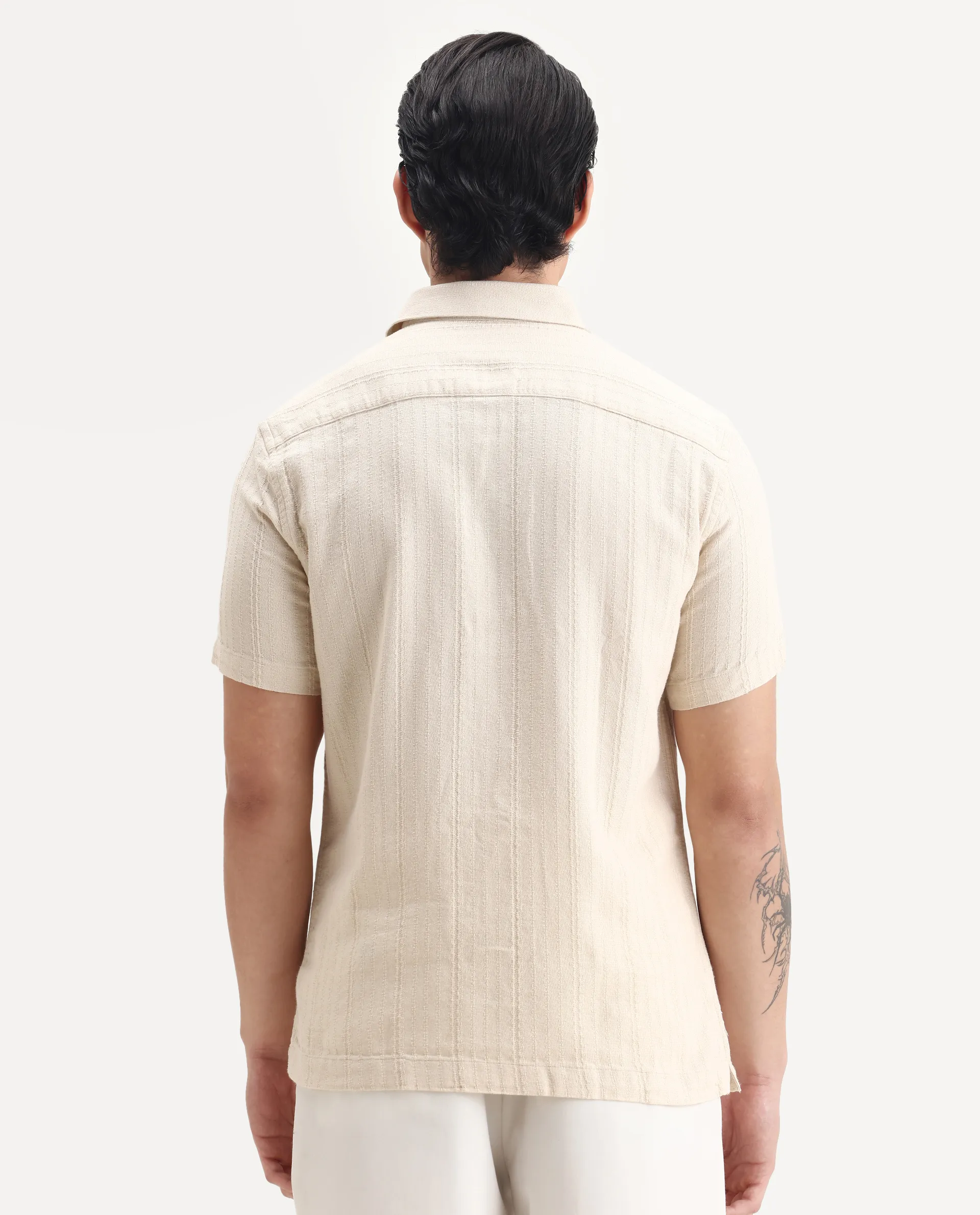 Rare Rabbit Men's Zolt Beige Cotton Fabric Short Sleeve Collared Neck Button Closure Striped Shirt - Image 7